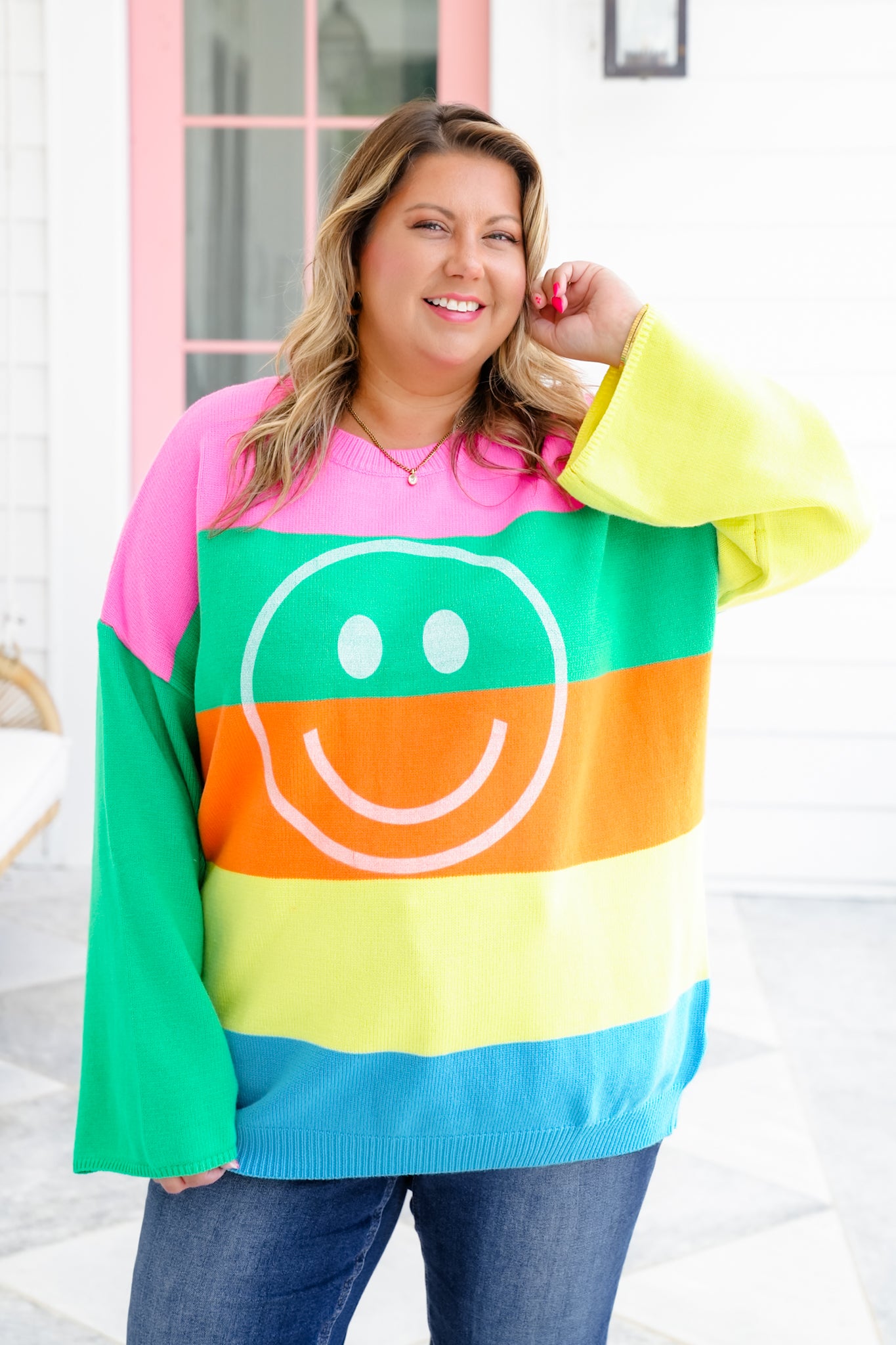 Plus/Reg Stripe Long Sleeve Sweater with Smiley Face Detail