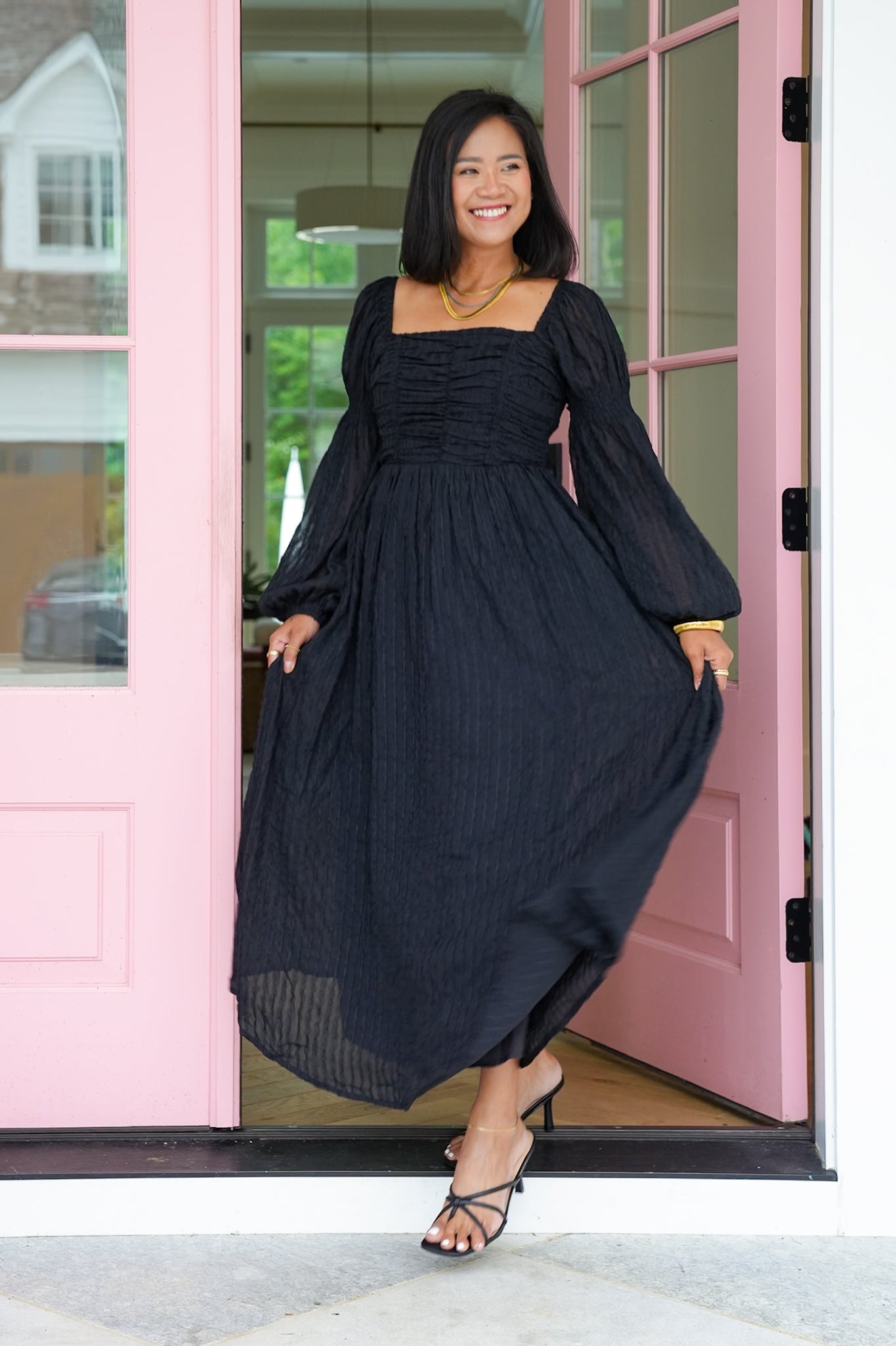 Textured Long Sleeve Maxi Dress with Ruching Detail