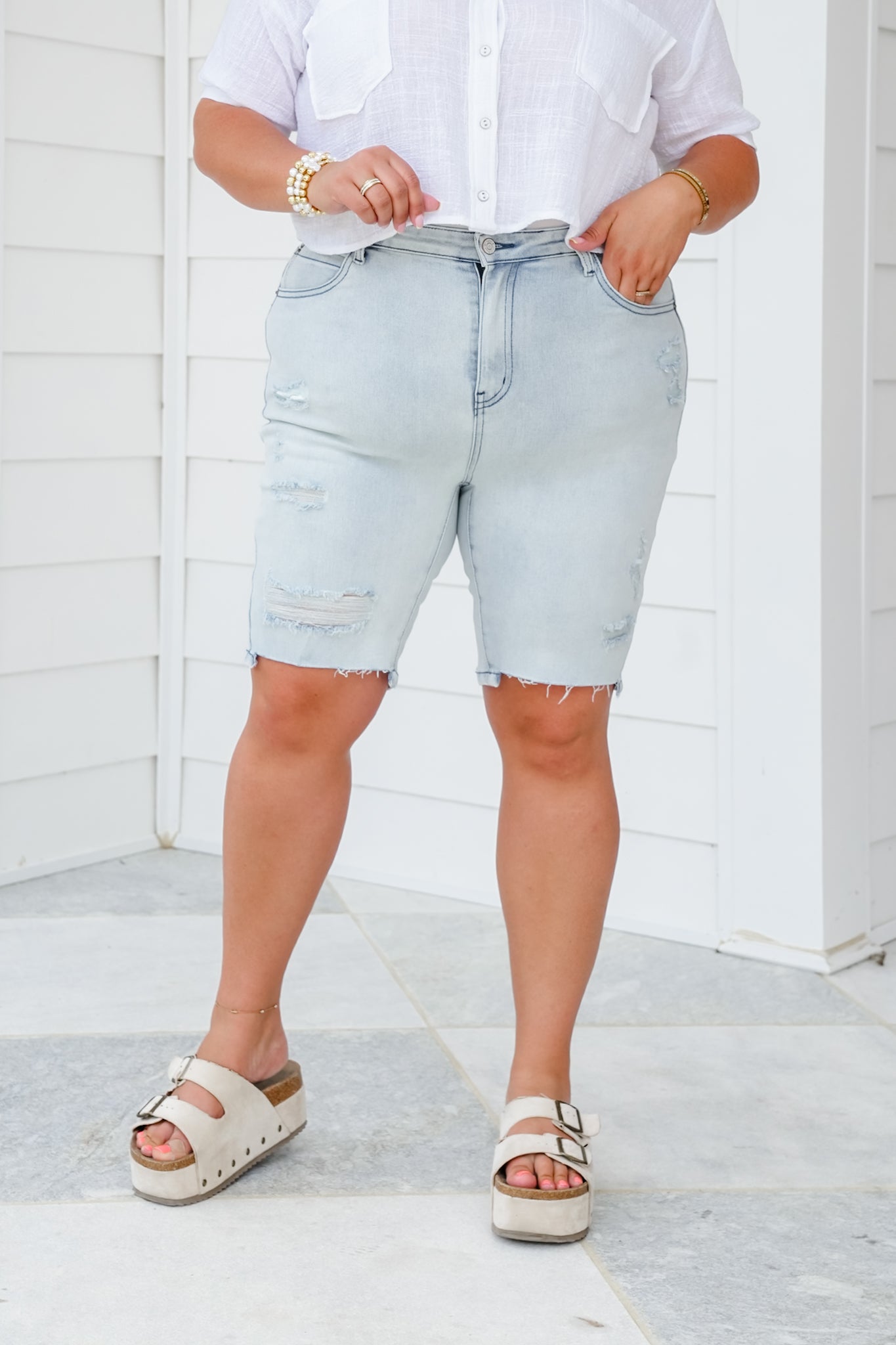 White Birch Light Blue Denim Distressed Shorts