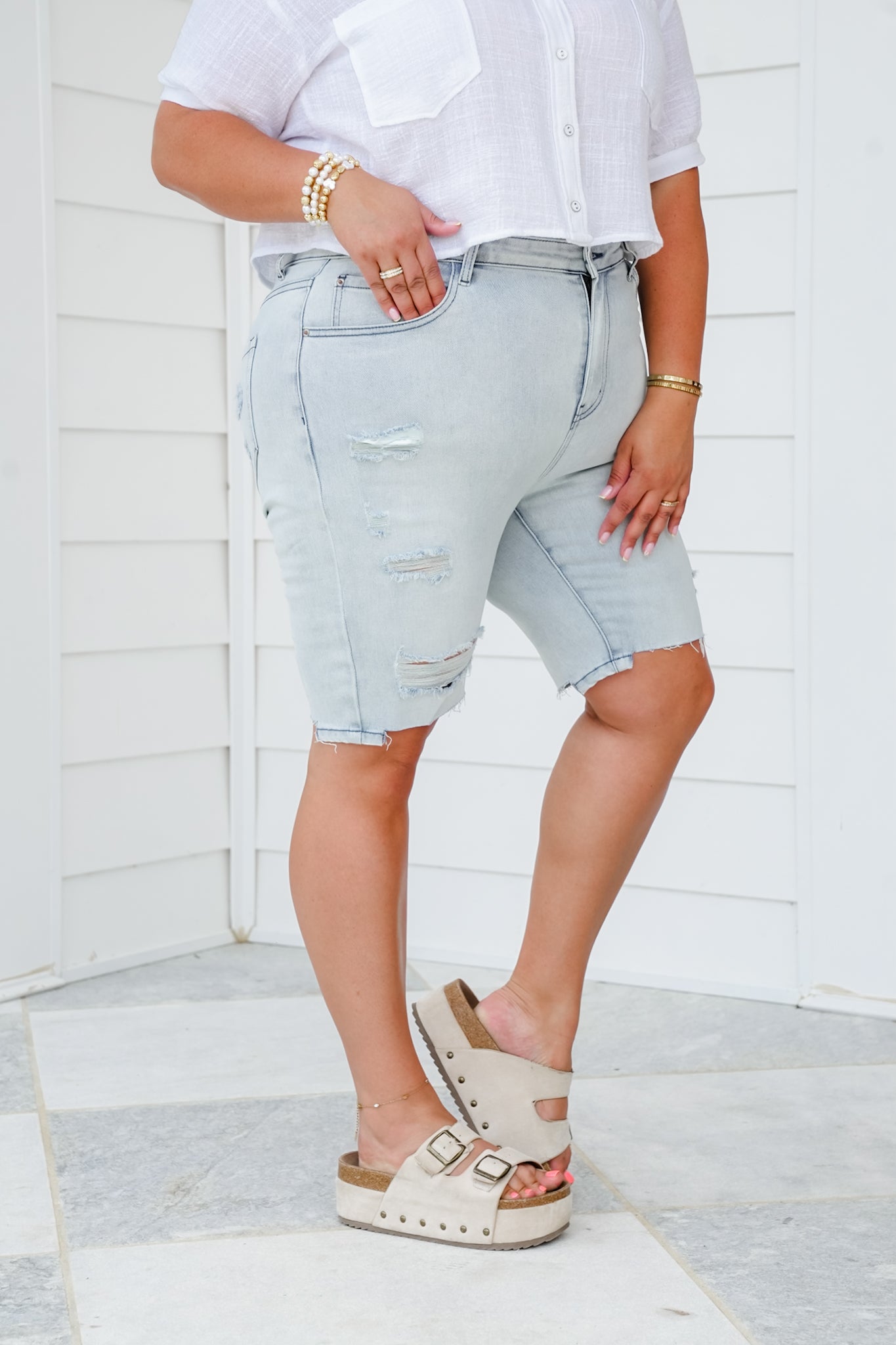 White Birch Light Blue Denim Distressed Shorts