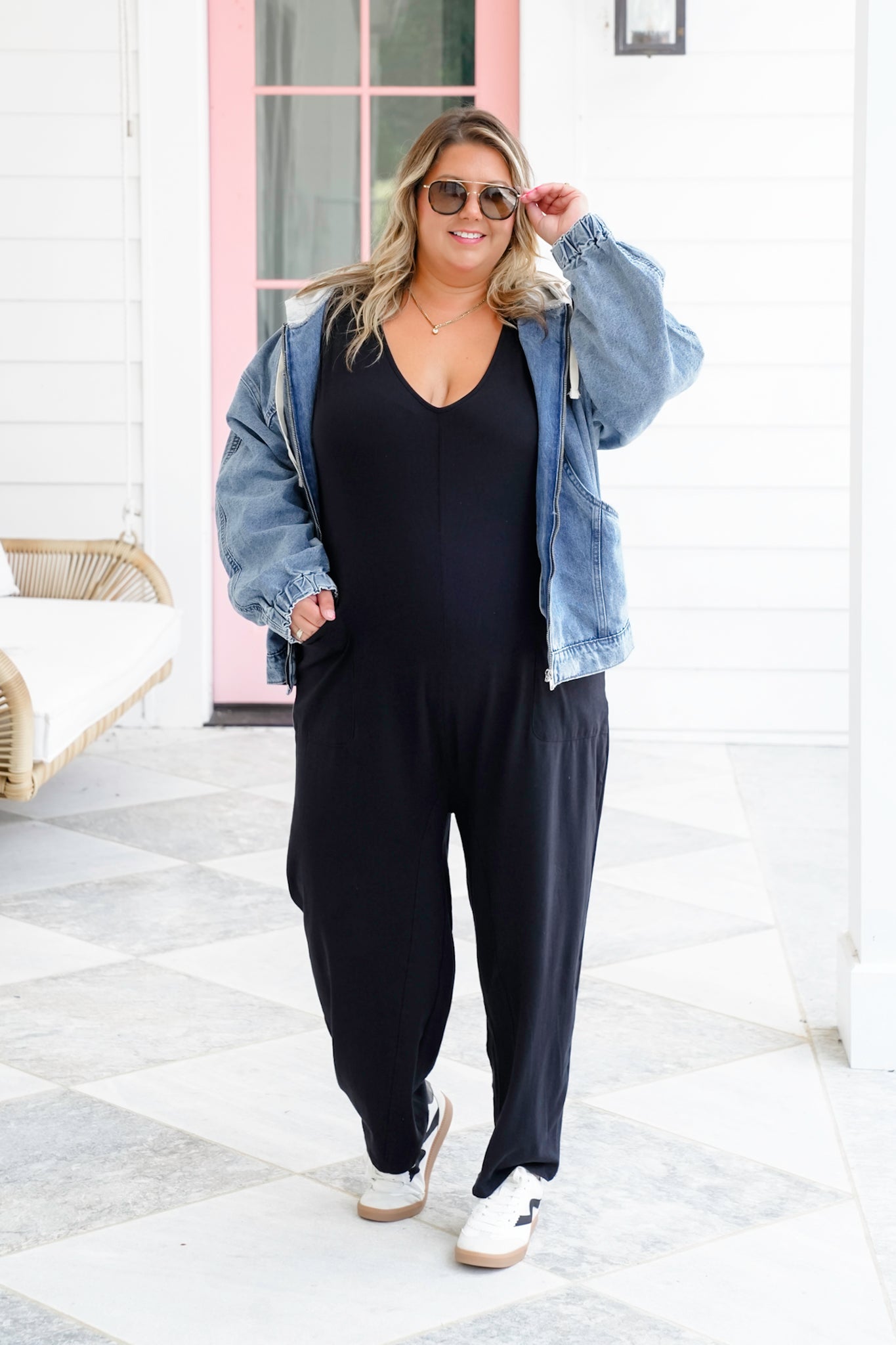 Plus/Reg Long Sleeve V Neck Jumpsuit