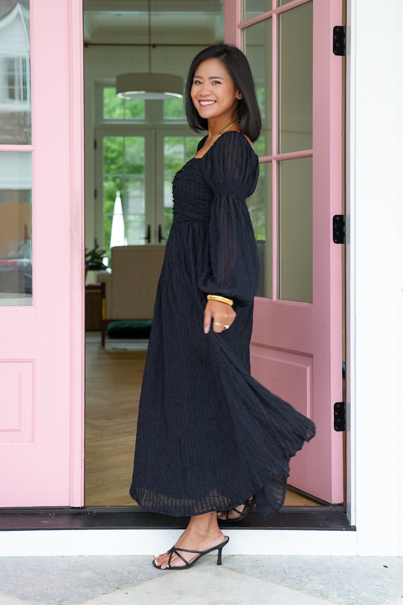 Textured Long Sleeve Maxi Dress with Ruching Detail