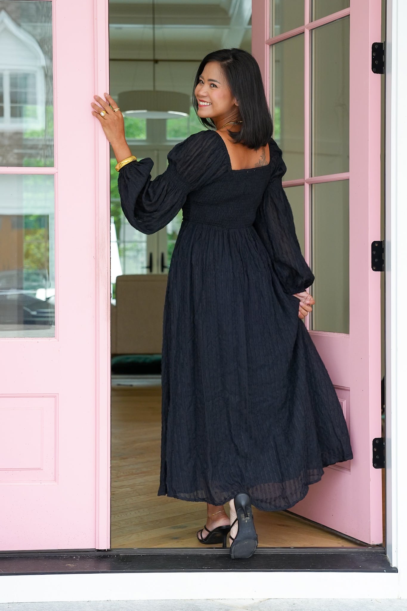 Textured Long Sleeve Maxi Dress with Ruching Detail