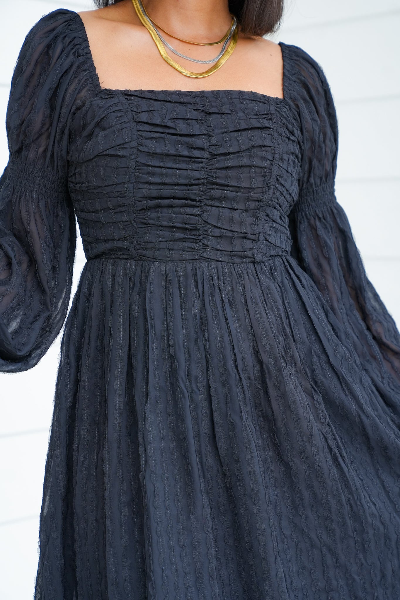 Textured Long Sleeve Maxi Dress with Ruching Detail