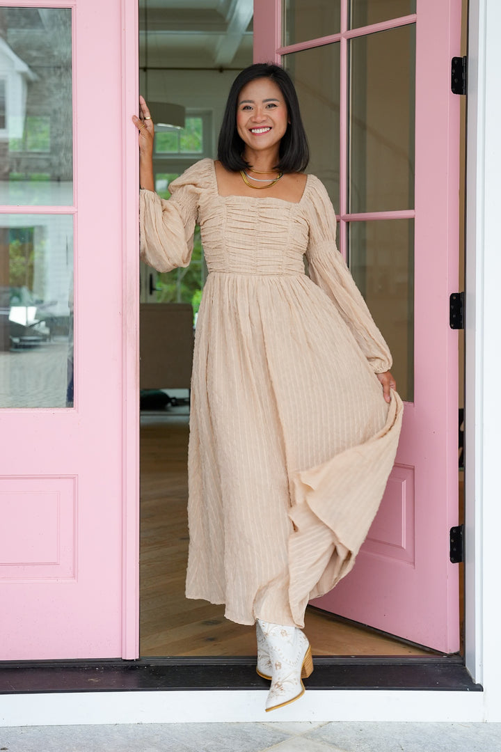 Textured Long Sleeve Maxi Dress with Ruching Detail