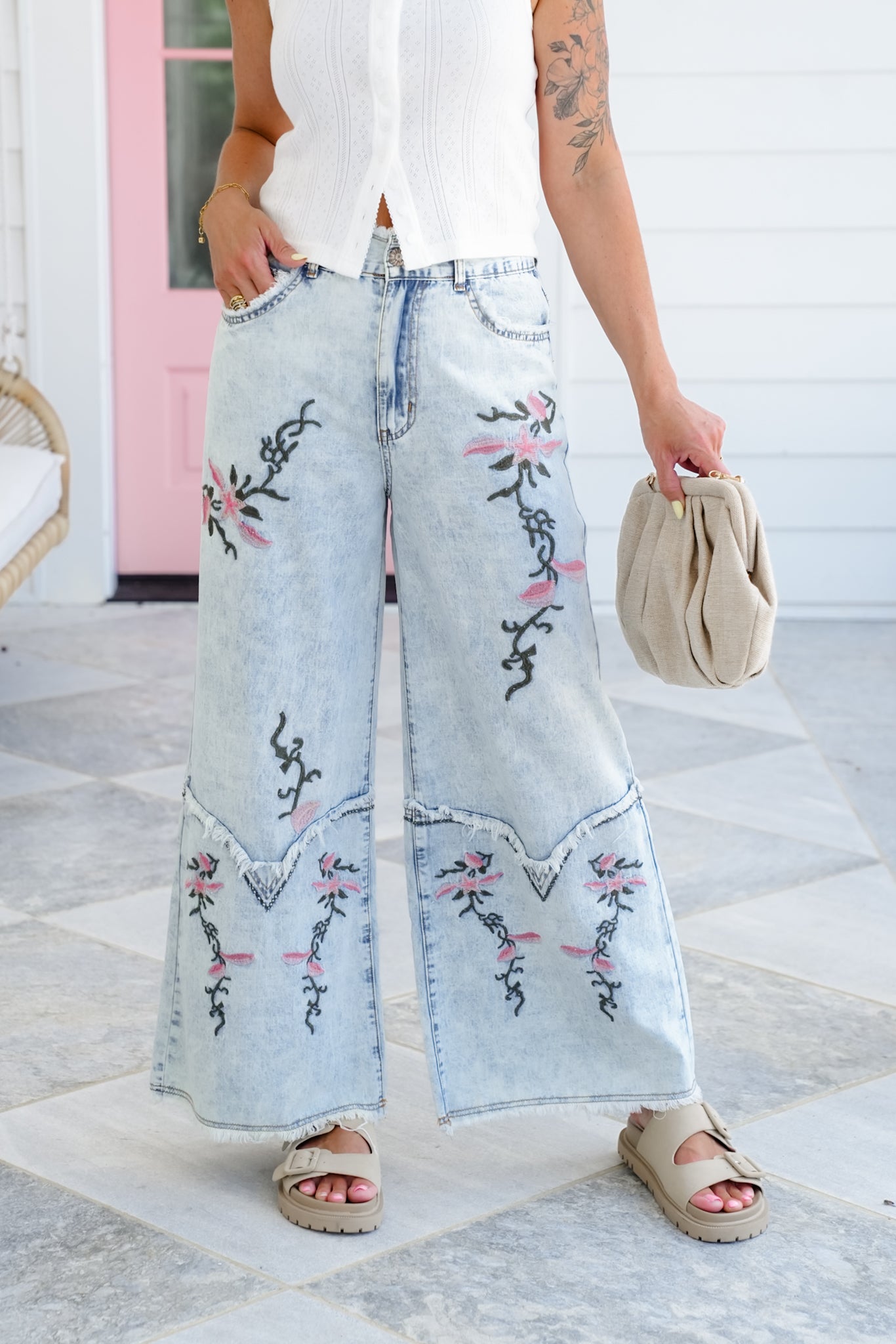 POL Denim Wide Leg Pants with Floral Embroidered Detail