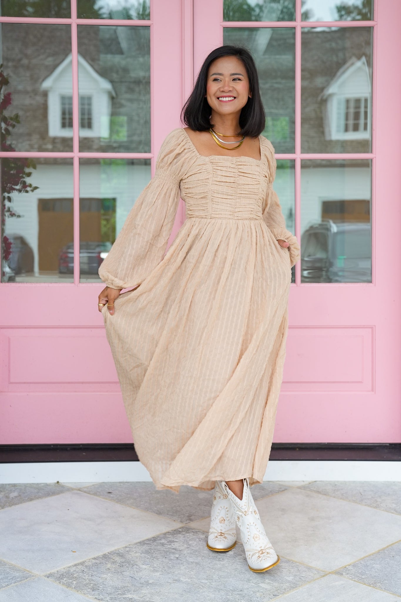 Textured Long Sleeve Maxi Dress with Ruching Detail