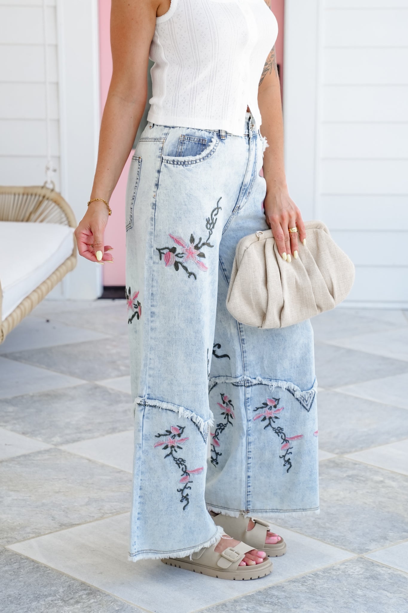 POL Denim Wide Leg Pants with Floral Embroidered Detail