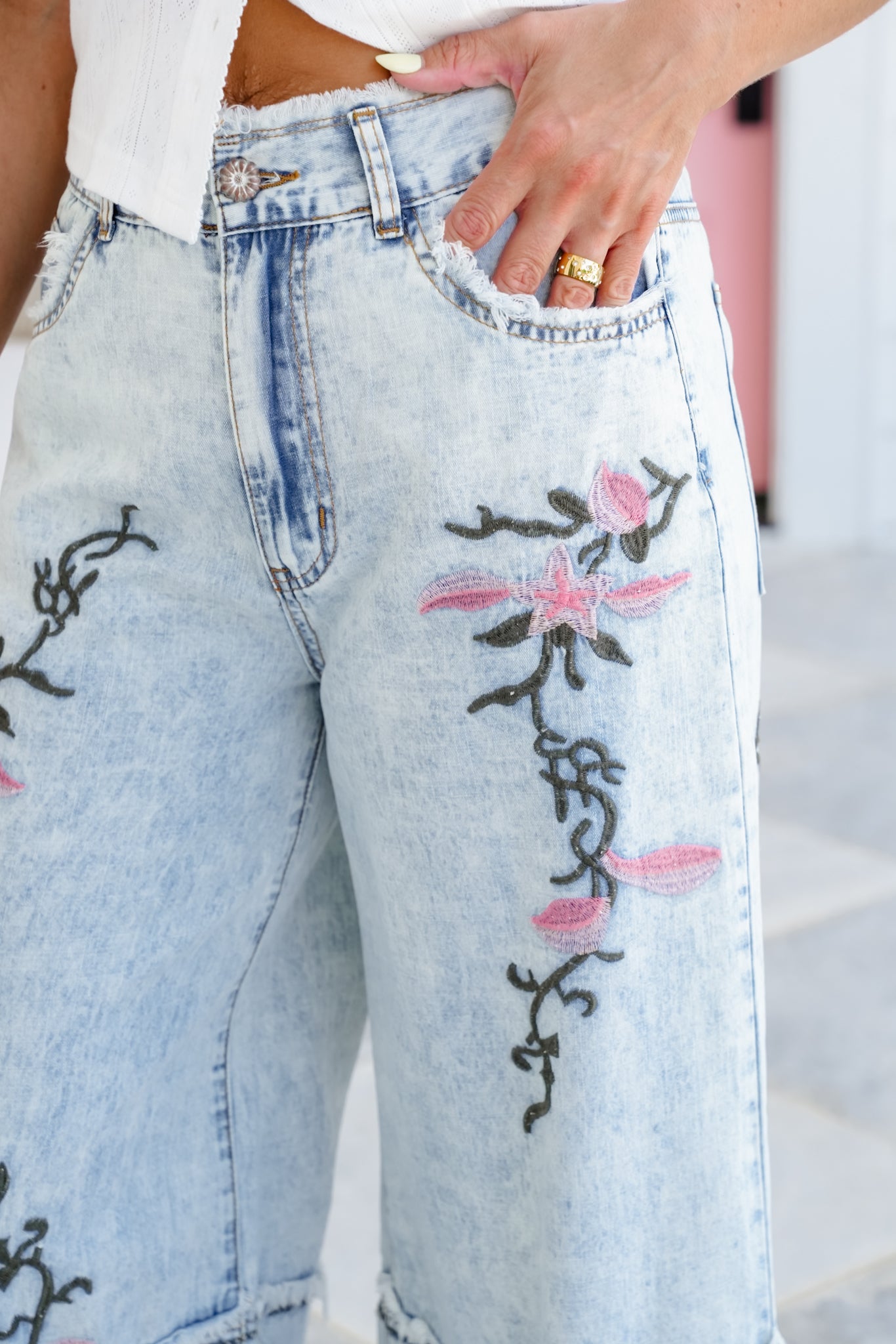 POL Denim Wide Leg Pants with Floral Embroidered Detail