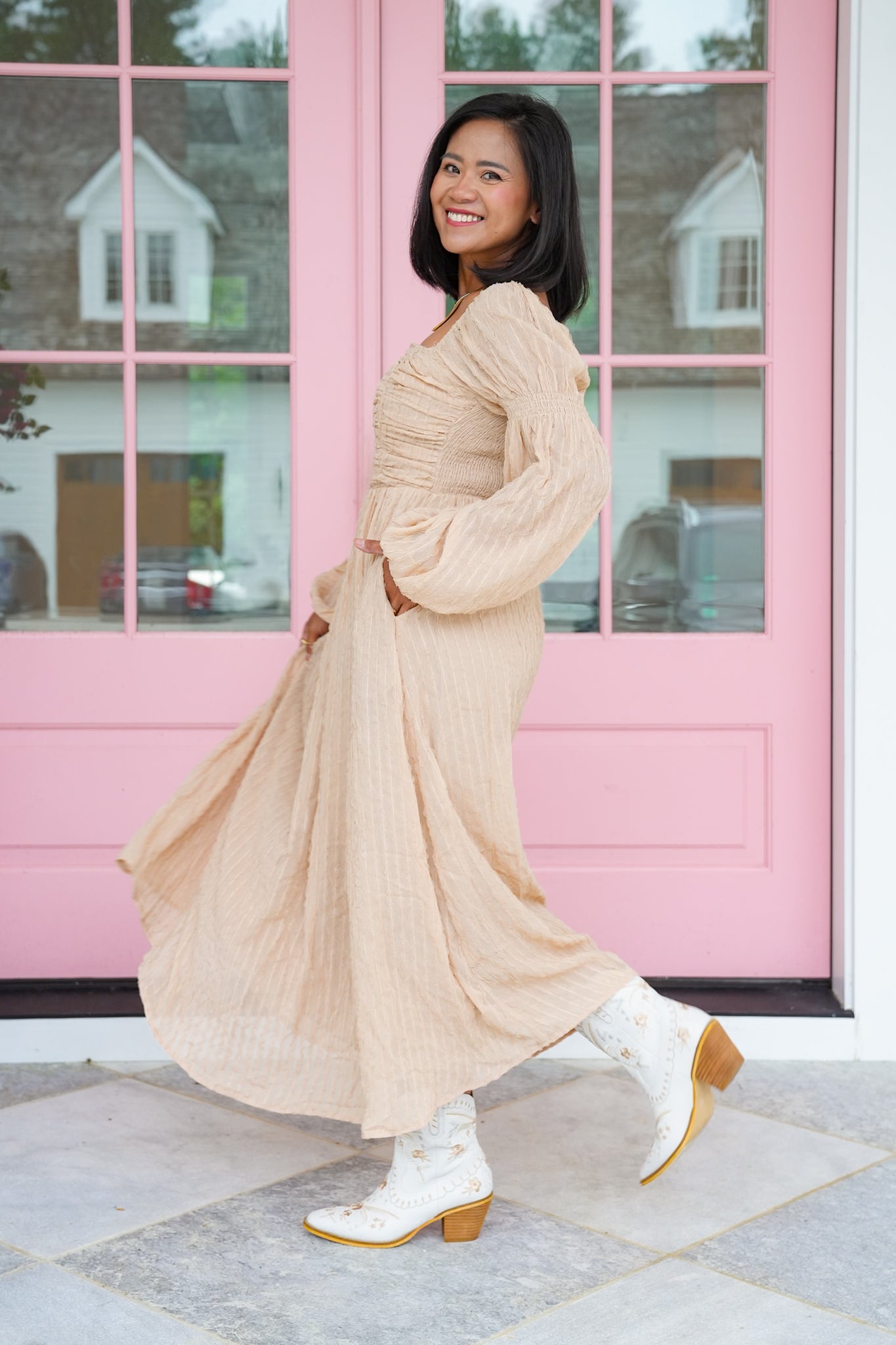 Textured Long Sleeve Maxi Dress with Ruching Detail