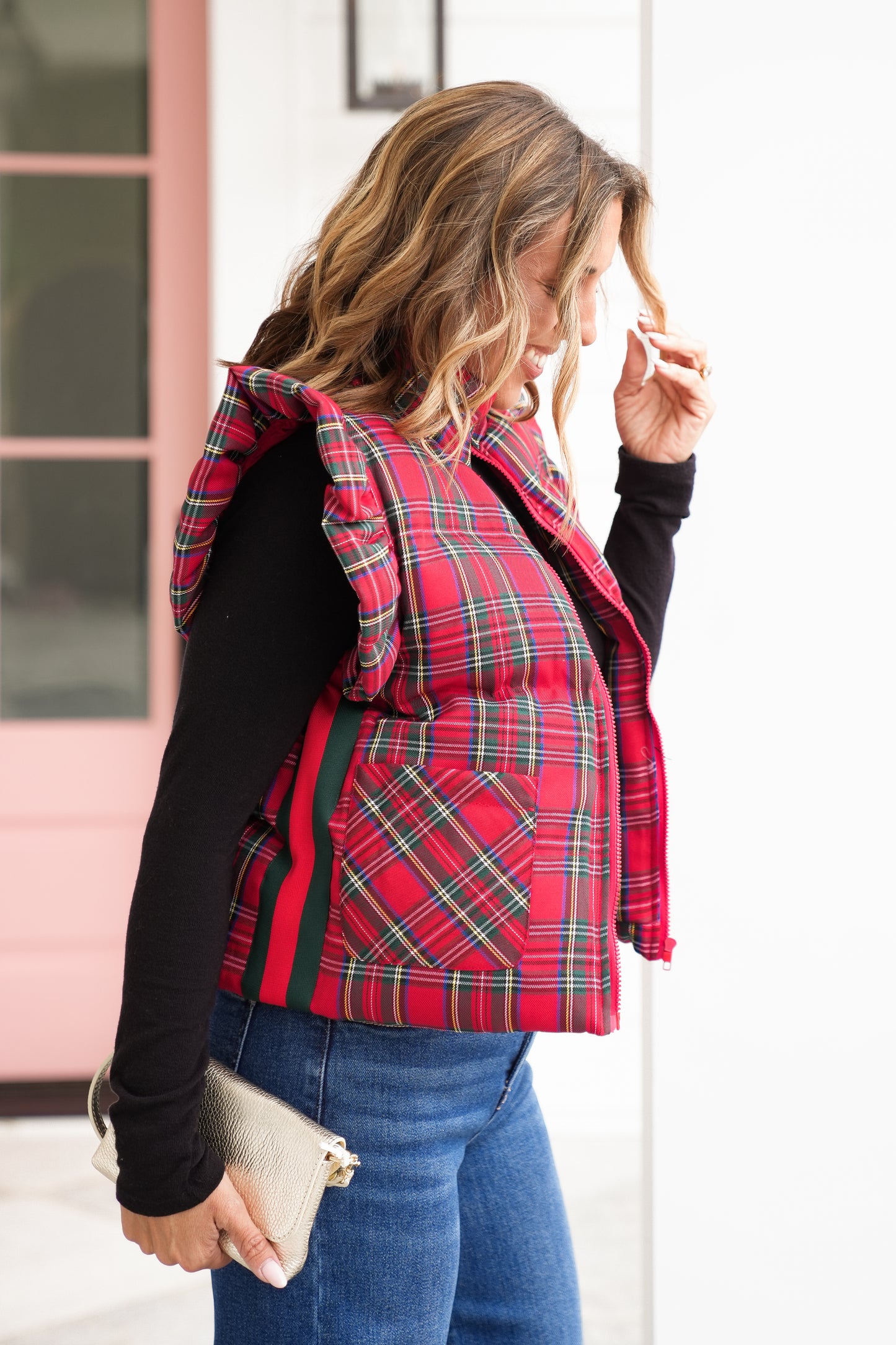 Plaid Flutter Sleeve Zip Up Puff Vest
