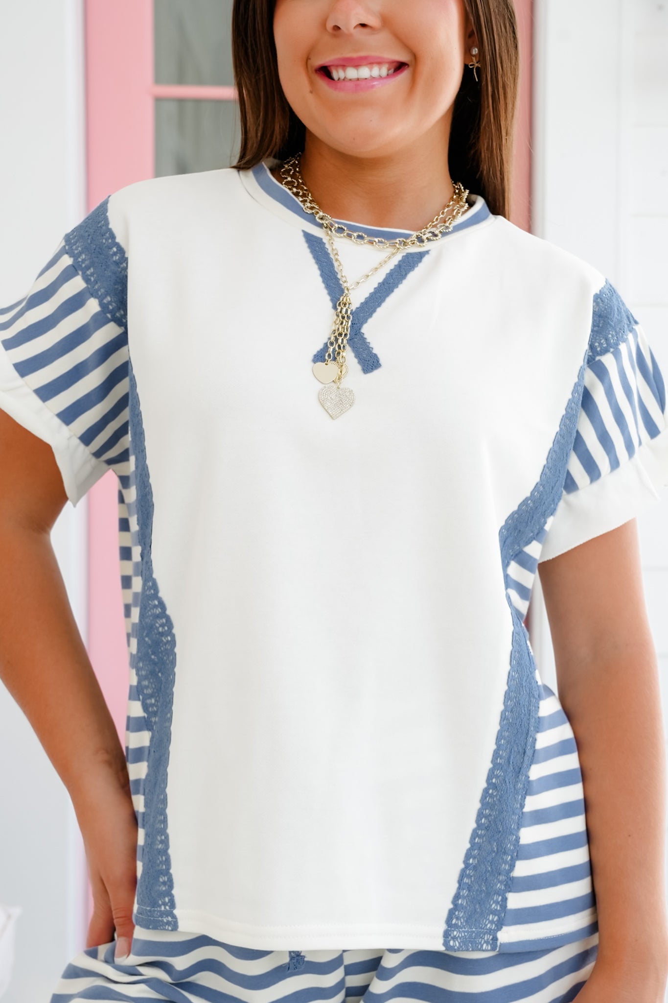Short Ruffle Sleeve Round Neck Top with Stripe Detail