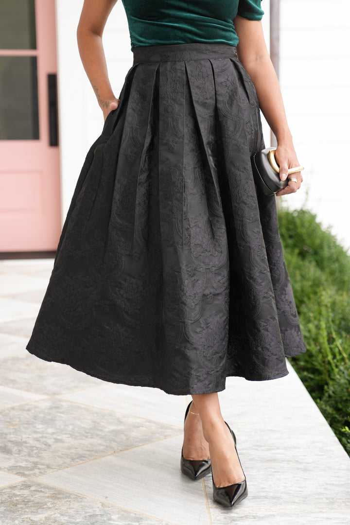 Black Floral Jacquard Pleated Midi Skirt