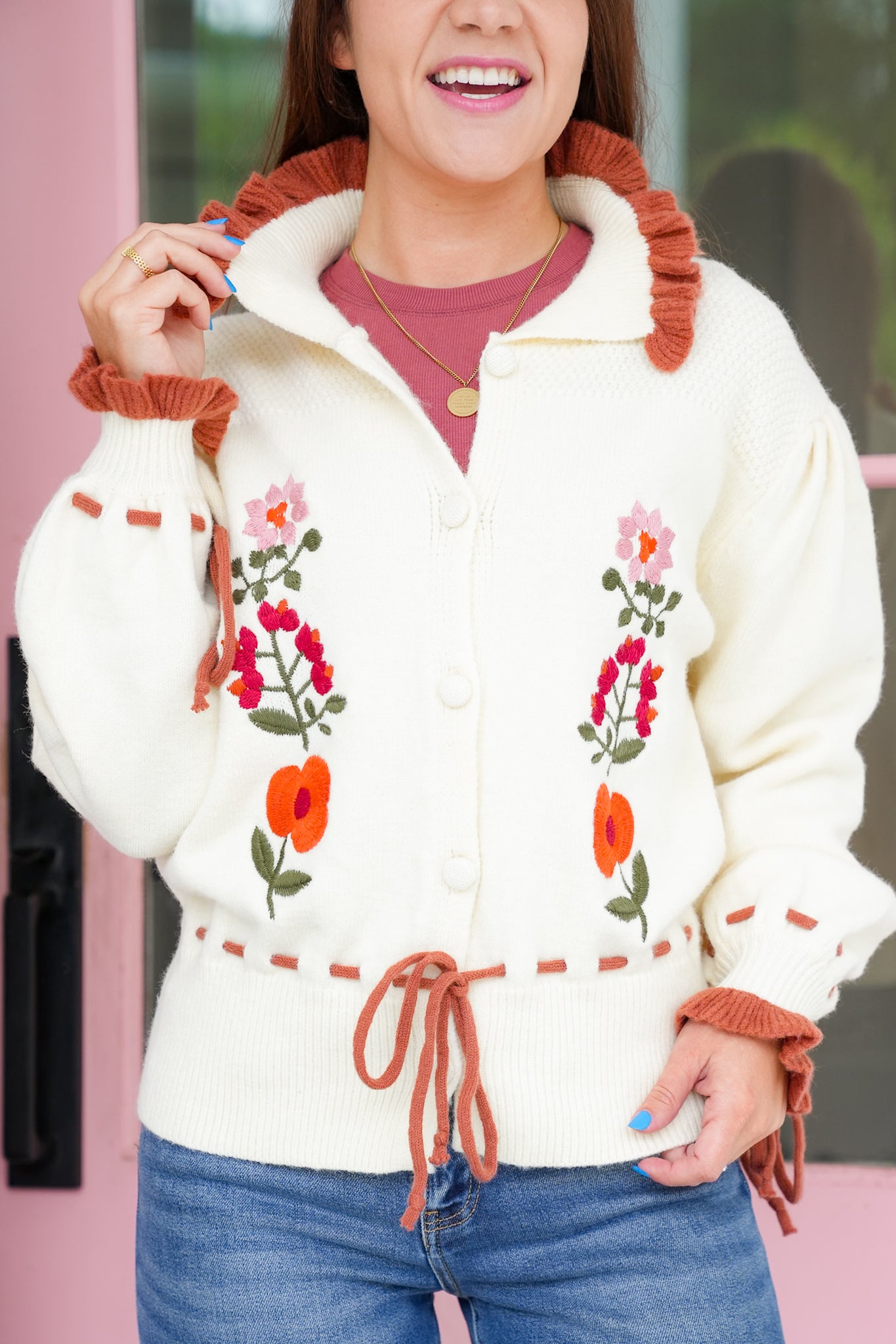 Floral Embroidered Long Sleeve Knit Cardigan