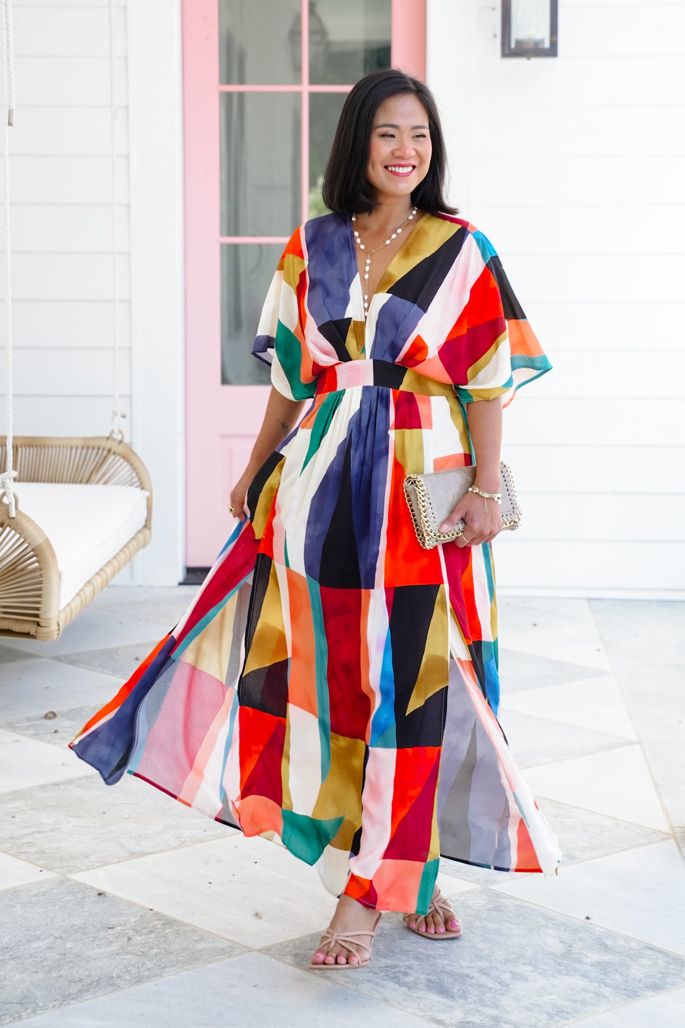 Multi Color Print Short Sleeve V-Neck Maxi Dress