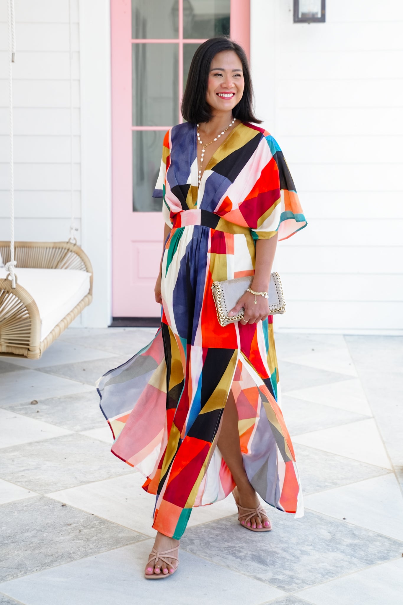 Multi Color Print Short Sleeve V-Neck Maxi Dress