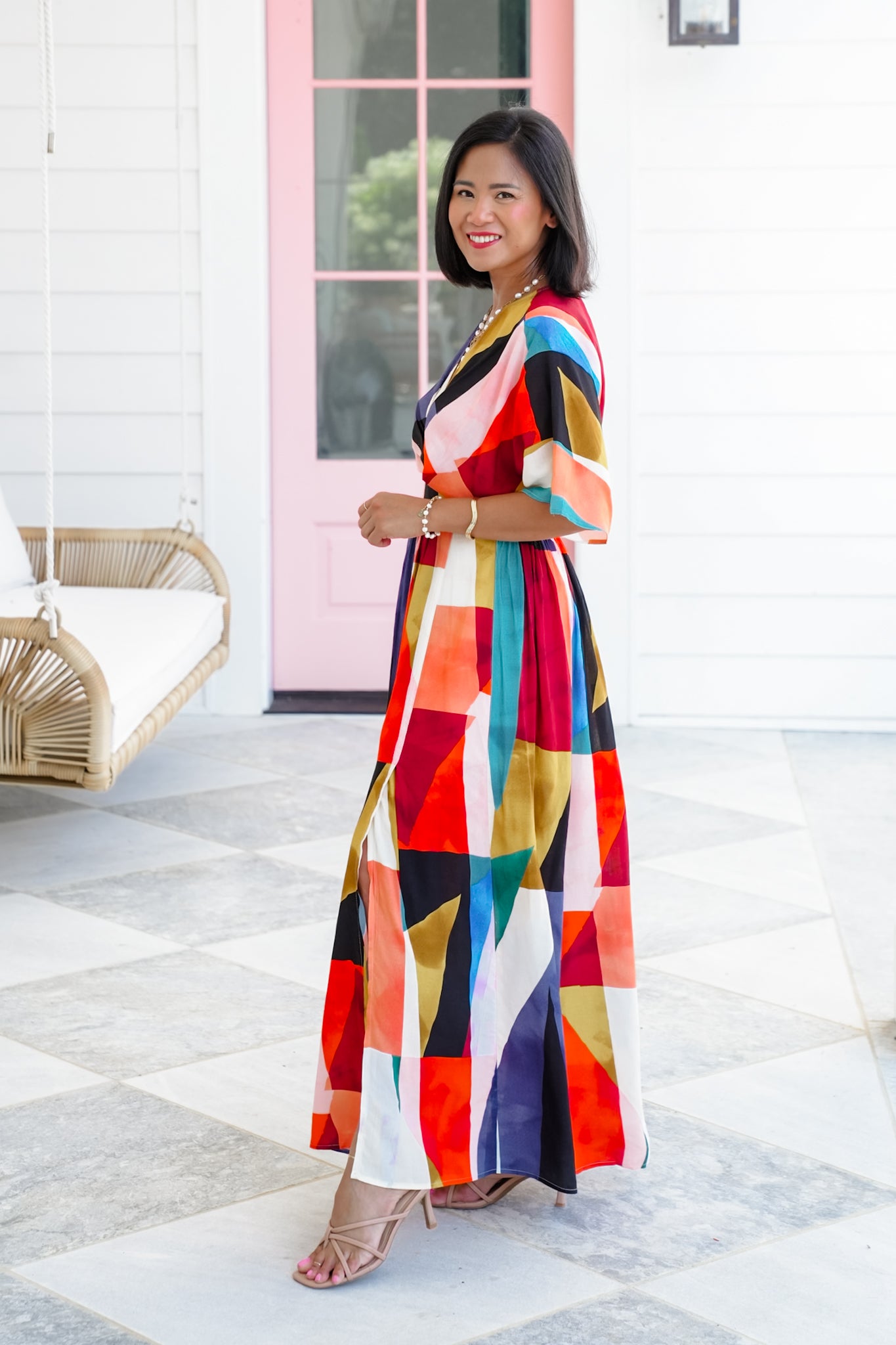 Multi Color Print Short Sleeve V-Neck Maxi Dress