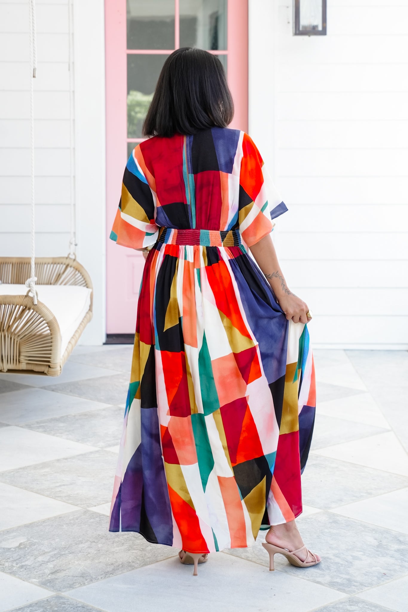 Multi Color Print Short Sleeve V-Neck Maxi Dress