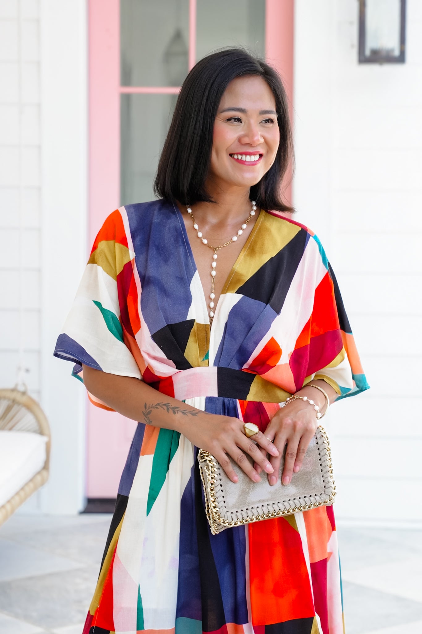Multi Color Print Short Sleeve V-Neck Maxi Dress