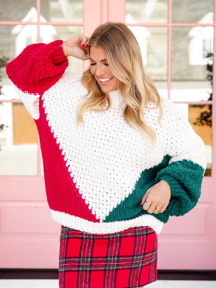 Red, White & Green Color Block Chunky Knit Sweater