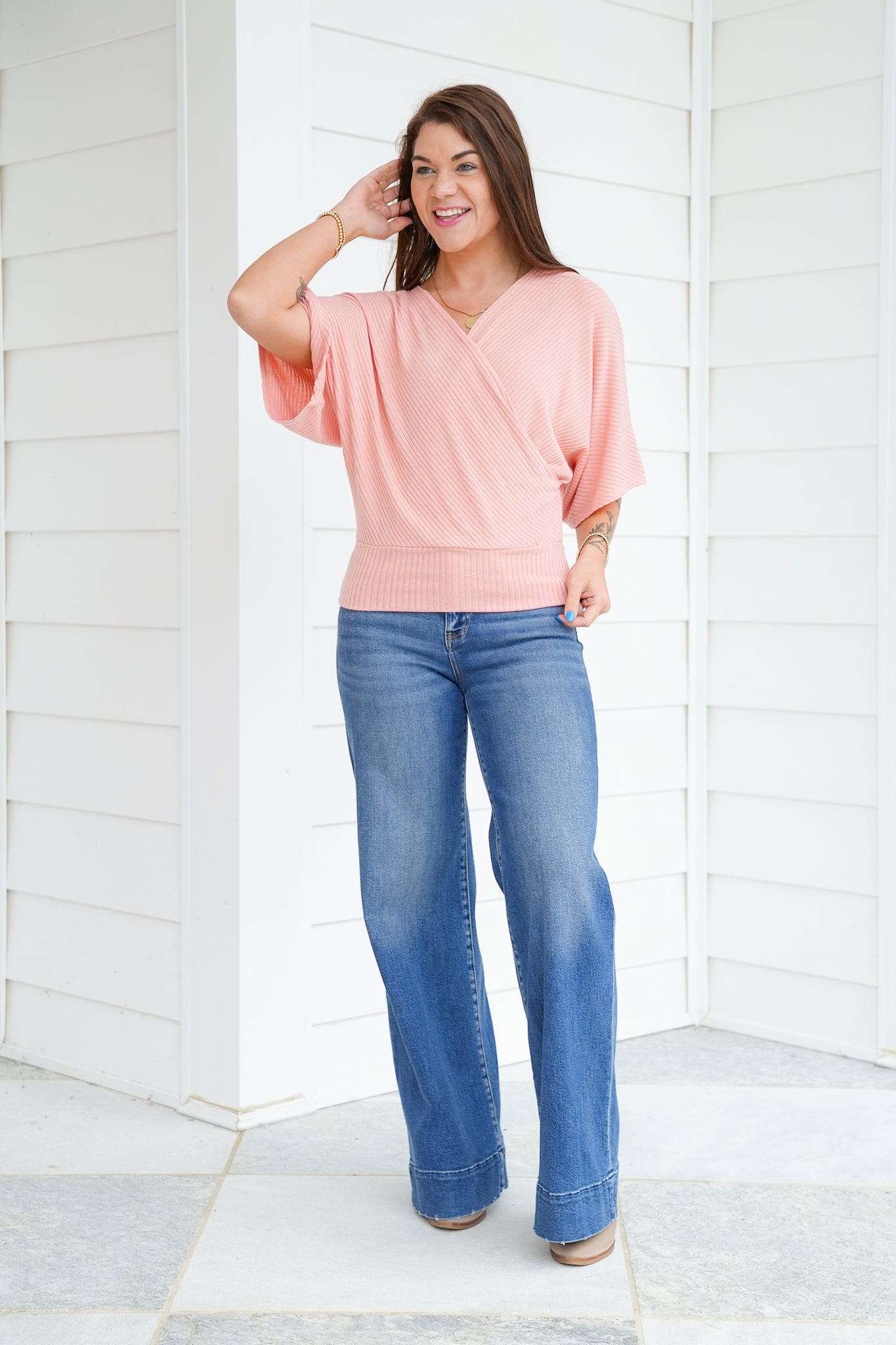 Ribbed Knit Short Dolman Sleeve Wrap Top