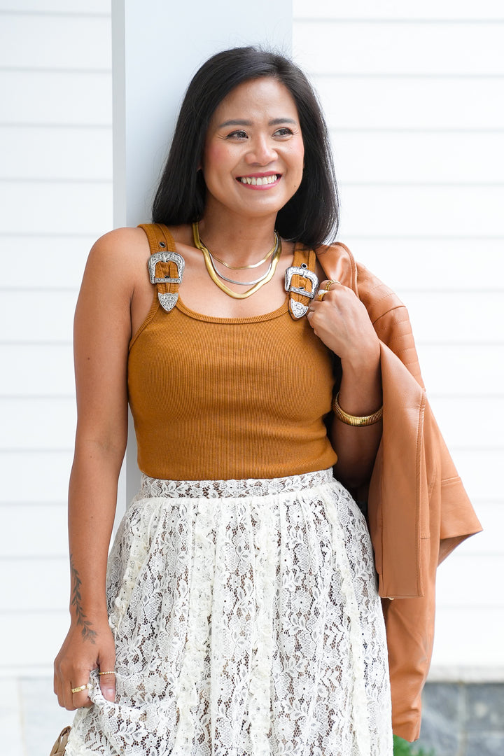 Sleeveless Ribbed Knit Bodysuit with Buckle Strap Detail