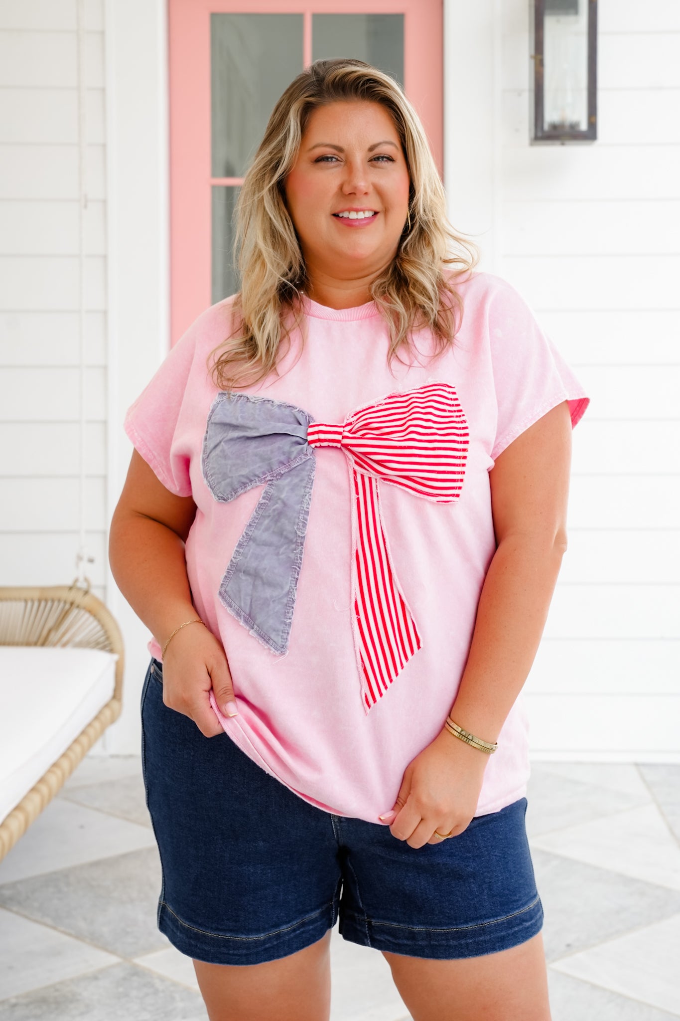 Mineral Wash Short Sleeve Top with American Flag Bow