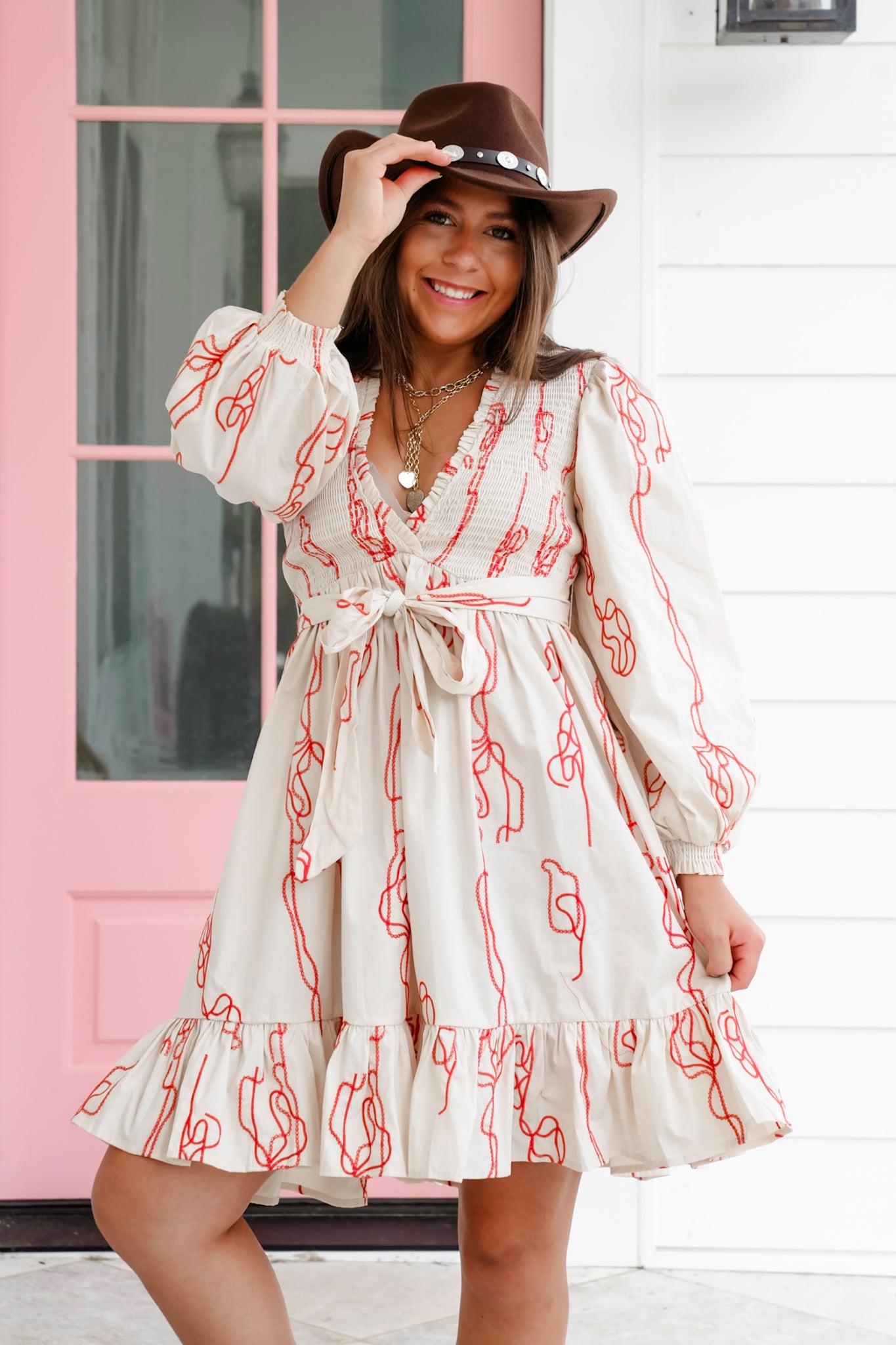 Puff Sleeve Smocked Bodice Mini Dress With Embroidered Detail