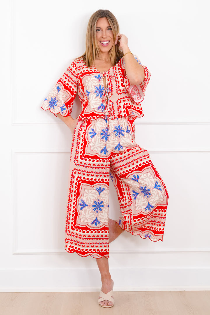 Plus/Reg Tropical Print Tie Front Blouse and Pants Set