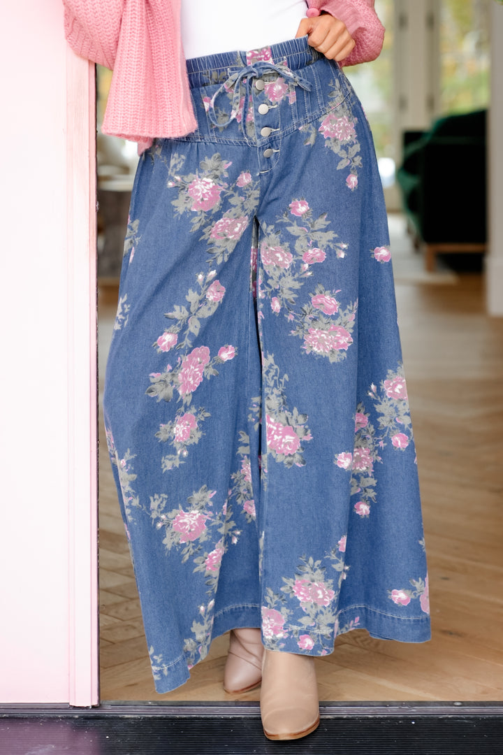 Floral Print Elastic Waist Button Fly Wide Leg Denim Pants