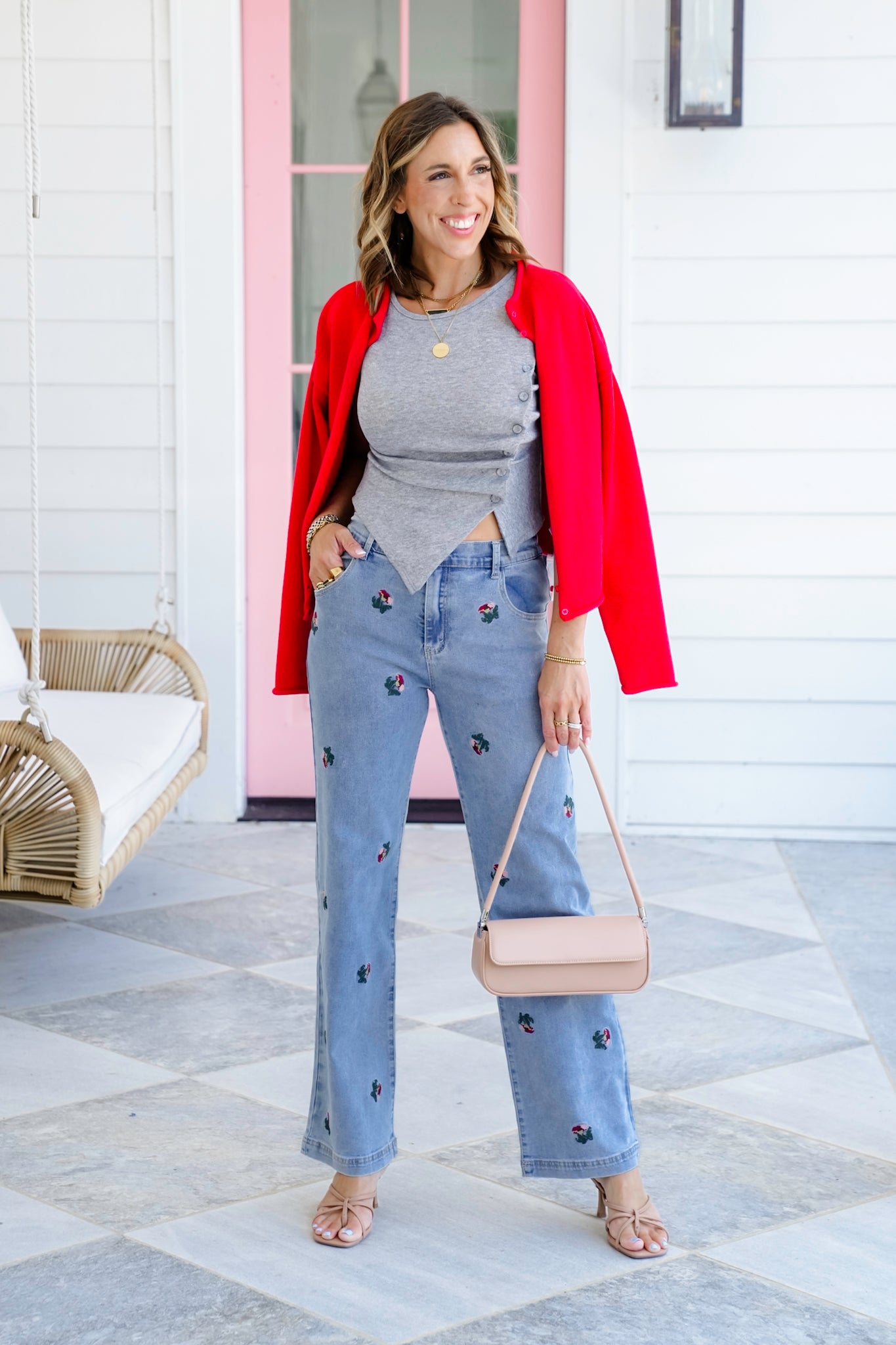 Medium Wash Floral Embroidered Jeans