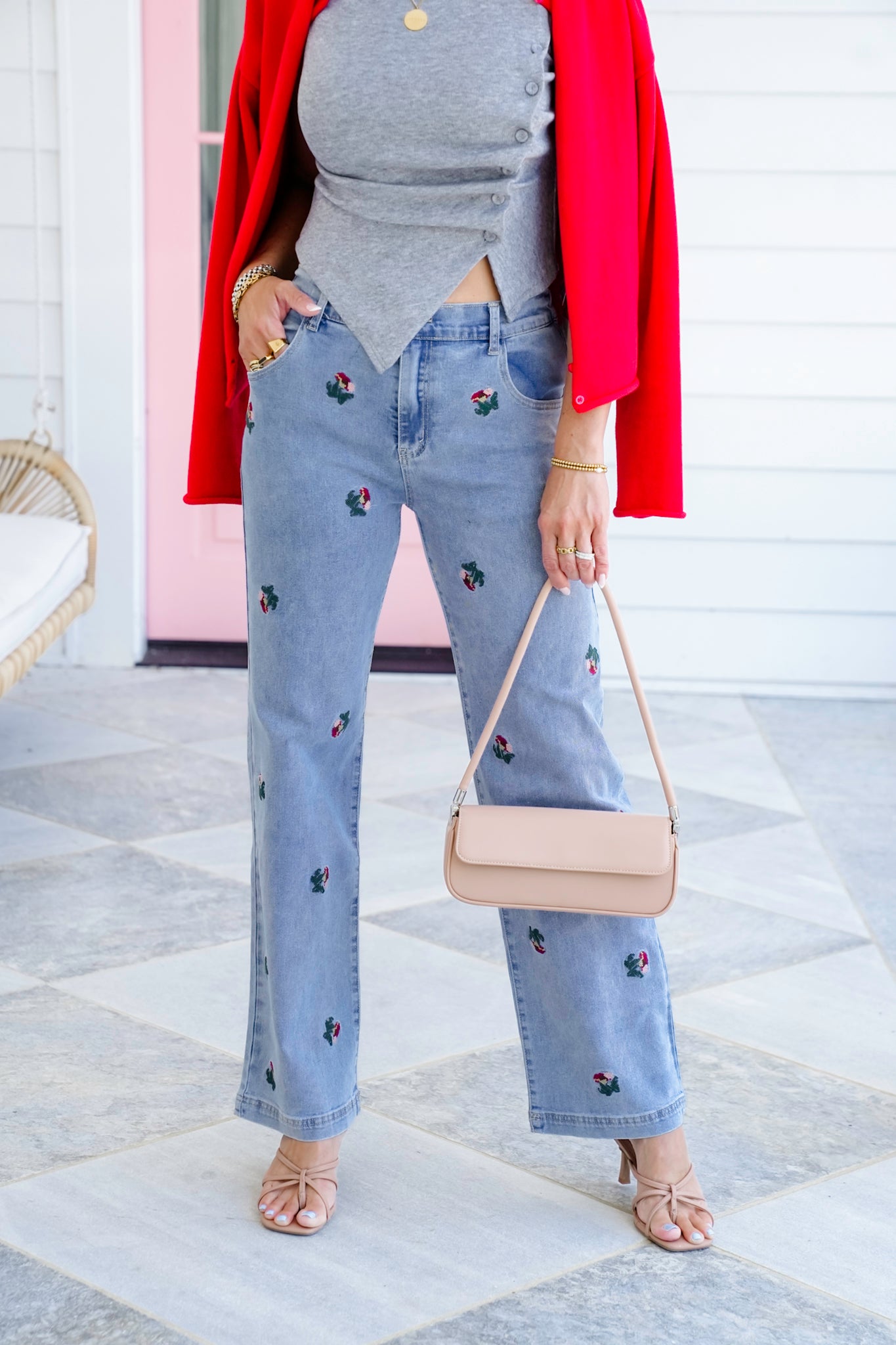 Medium Wash Floral Embroidered Jeans