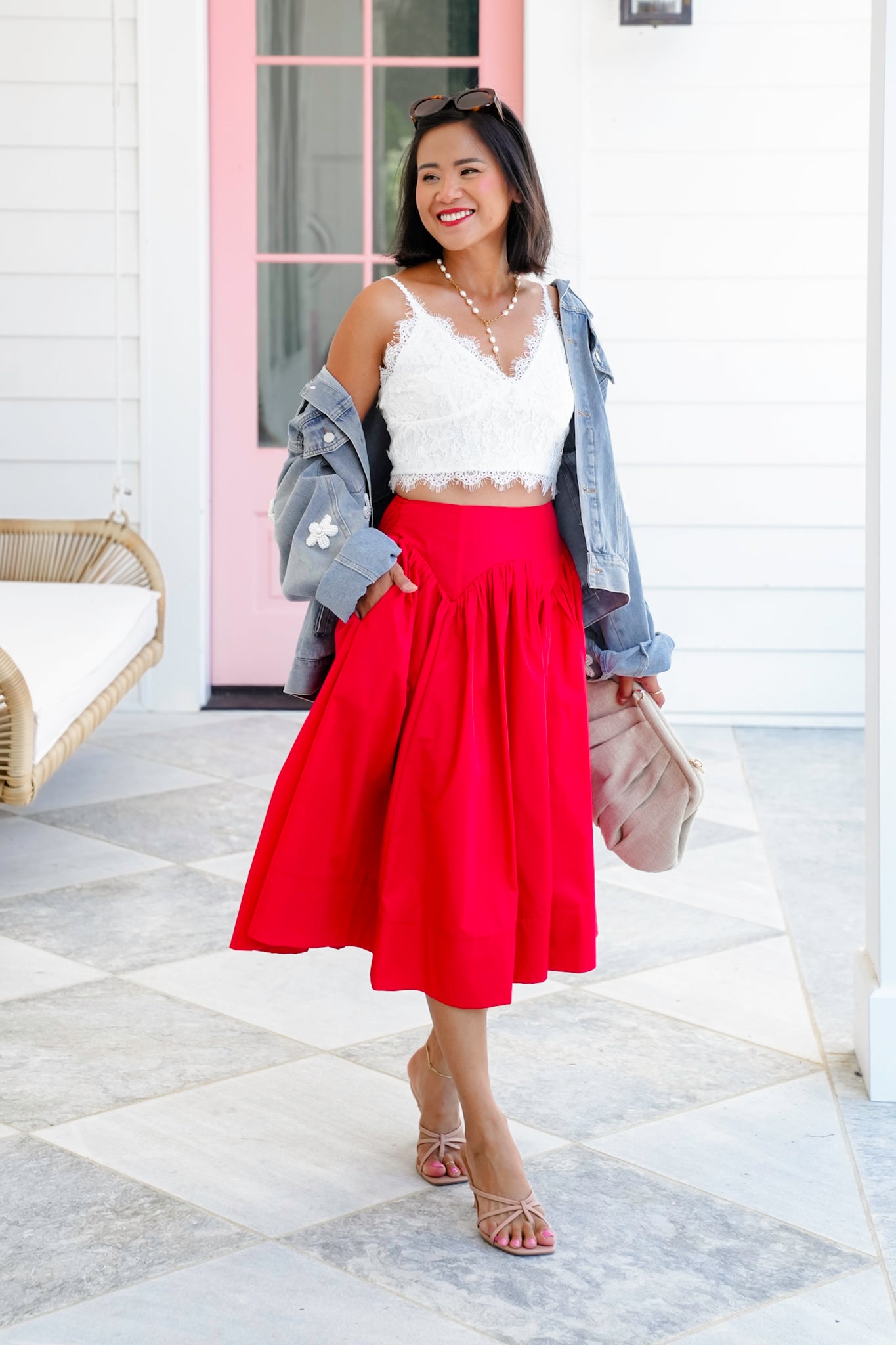 Red Smocked Midi Skirt with Side Pockets