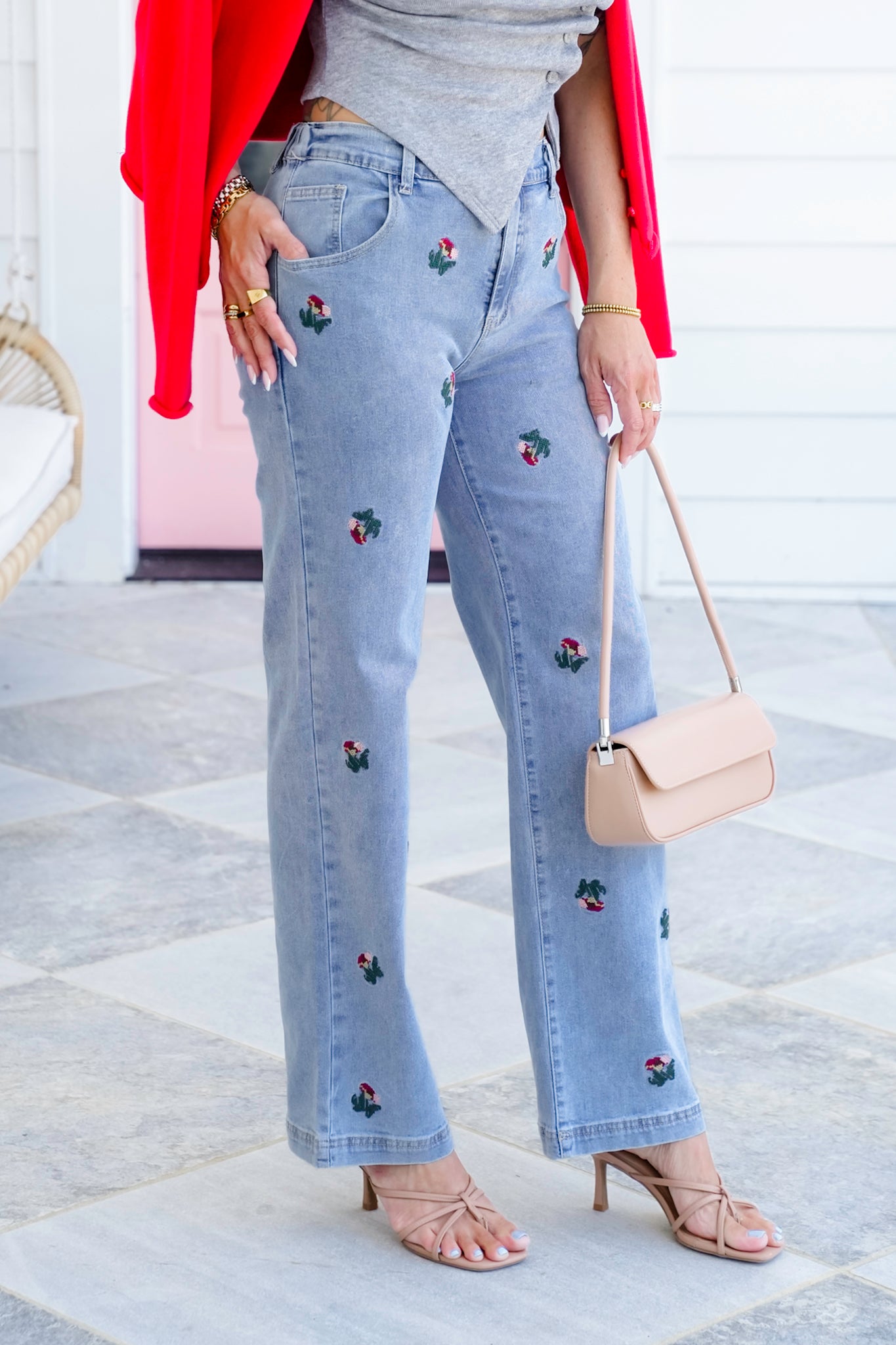 Medium Wash Floral Embroidered Jeans