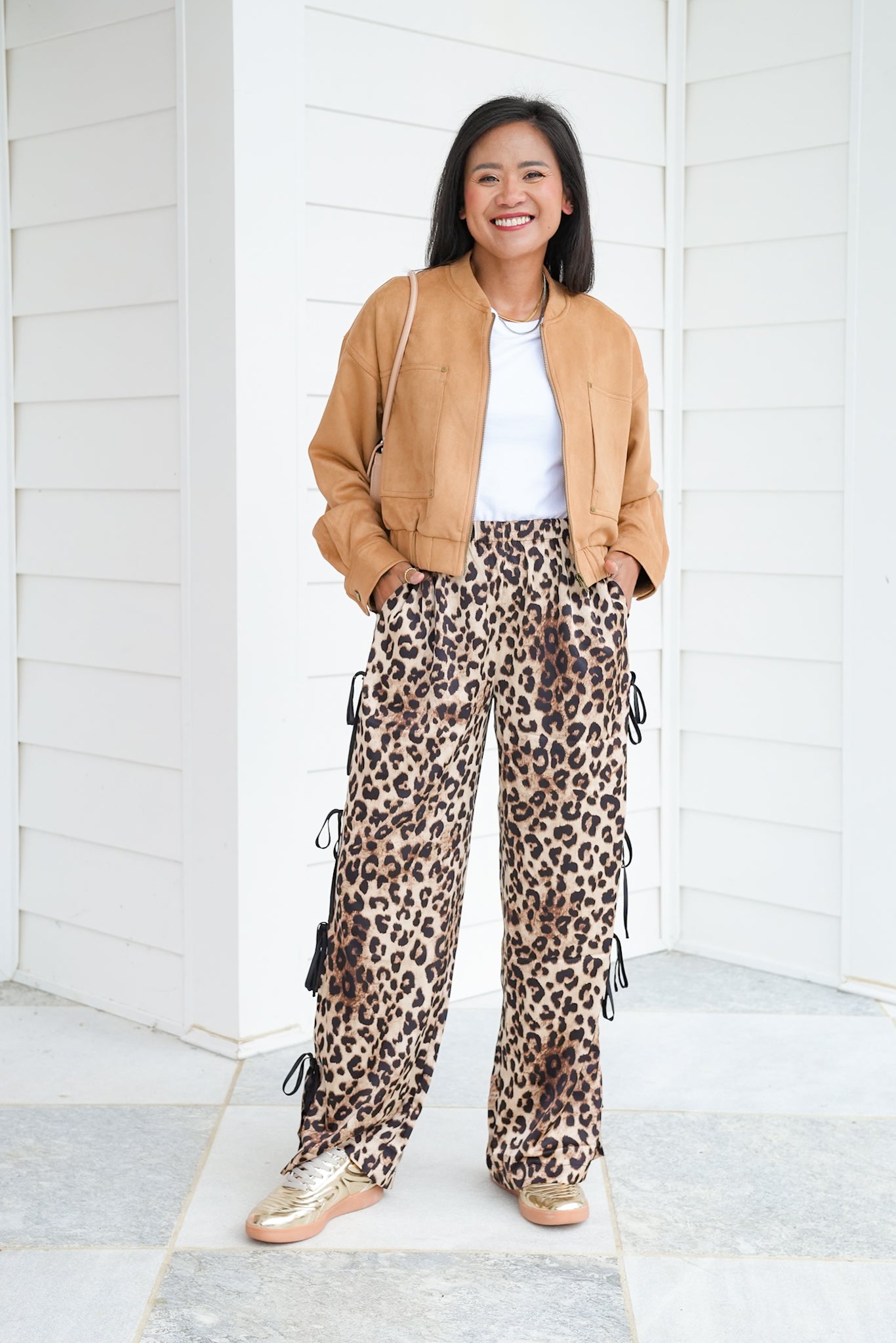 Leopard Print Elastic Waist Pants with Side Ties