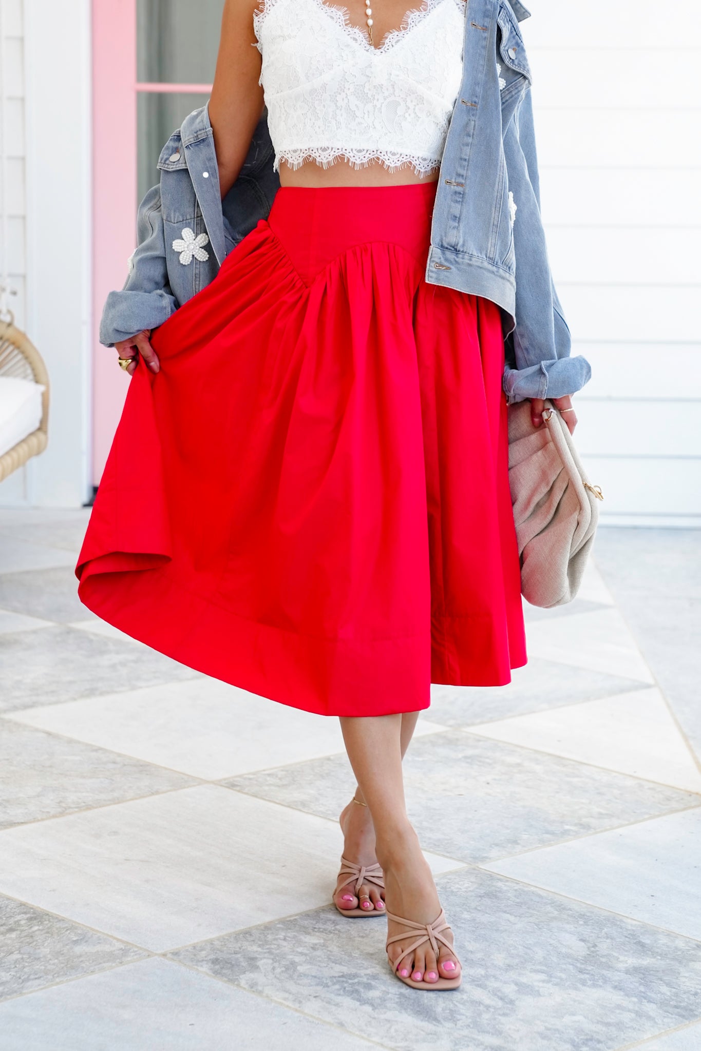 Red Smocked Midi Skirt with Side Pockets