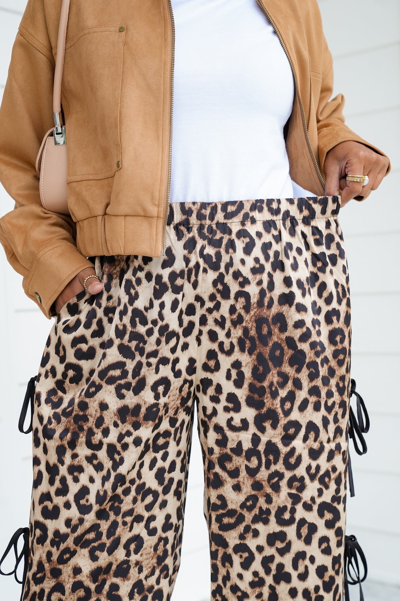 Leopard Print Elastic Waist Pants with Side Ties