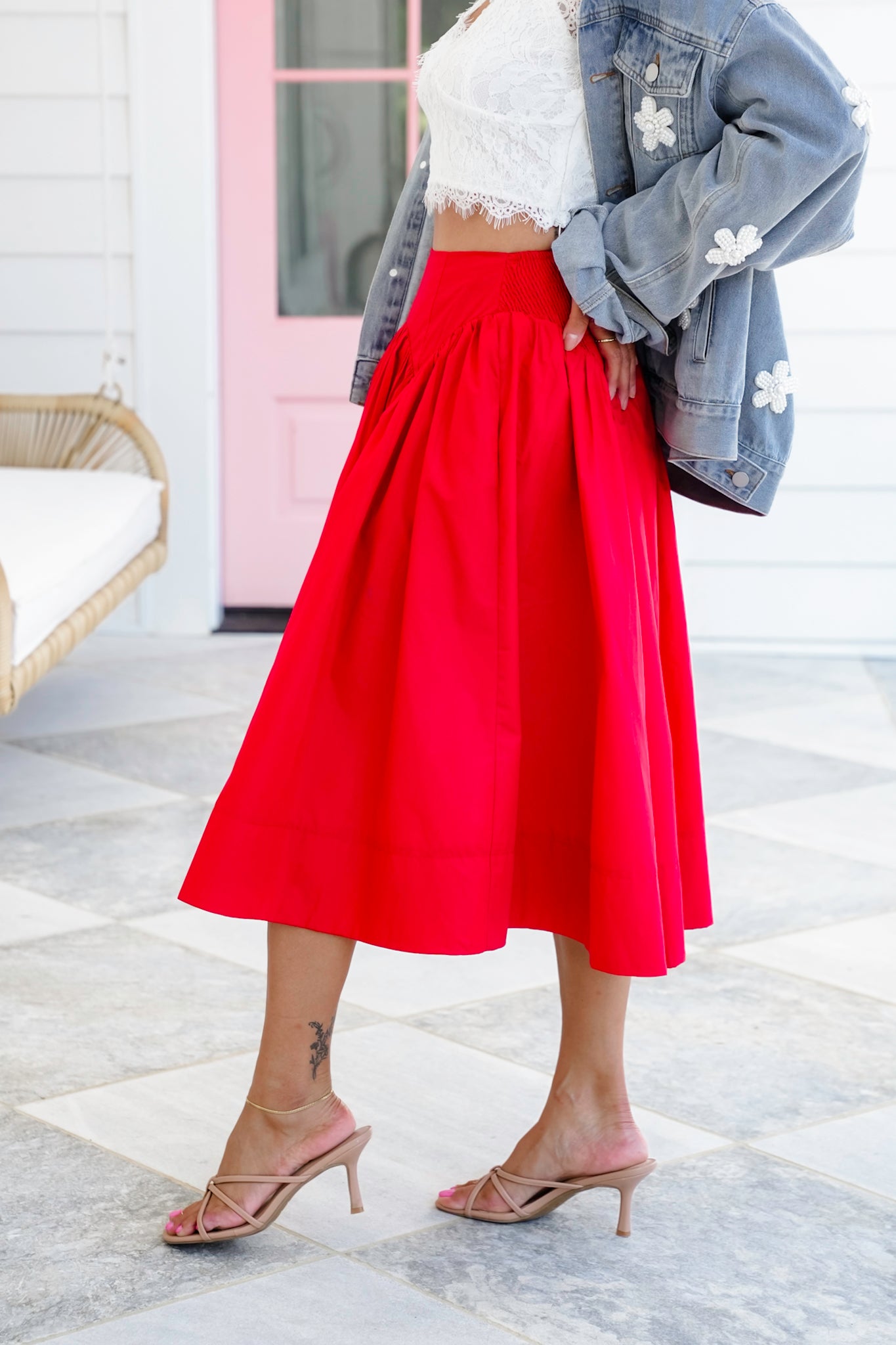 Red Smocked Midi Skirt with Side Pockets