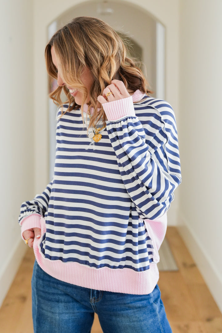 Plus/Reg Stripe Long Sleeve Crew Neck Knit Top