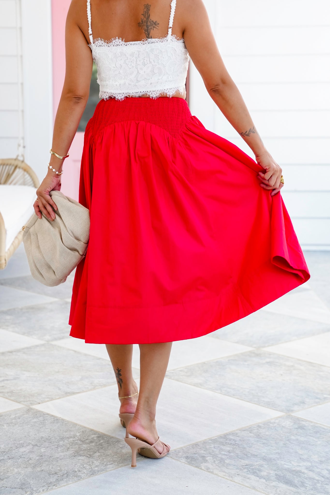 Red Smocked Midi Skirt with Side Pockets