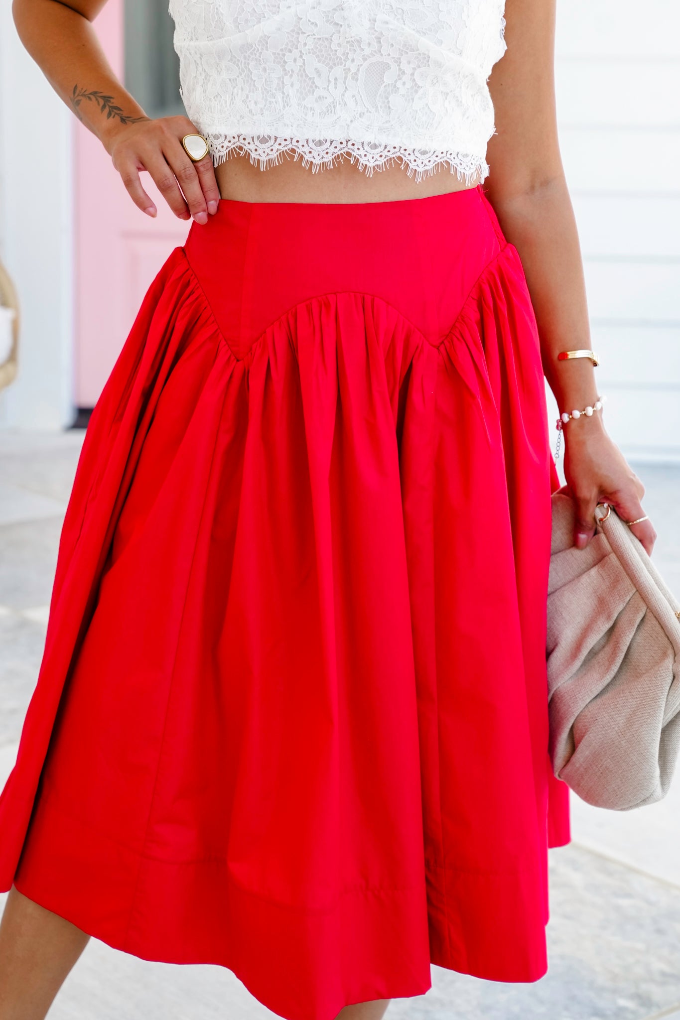Red Smocked Midi Skirt with Side Pockets