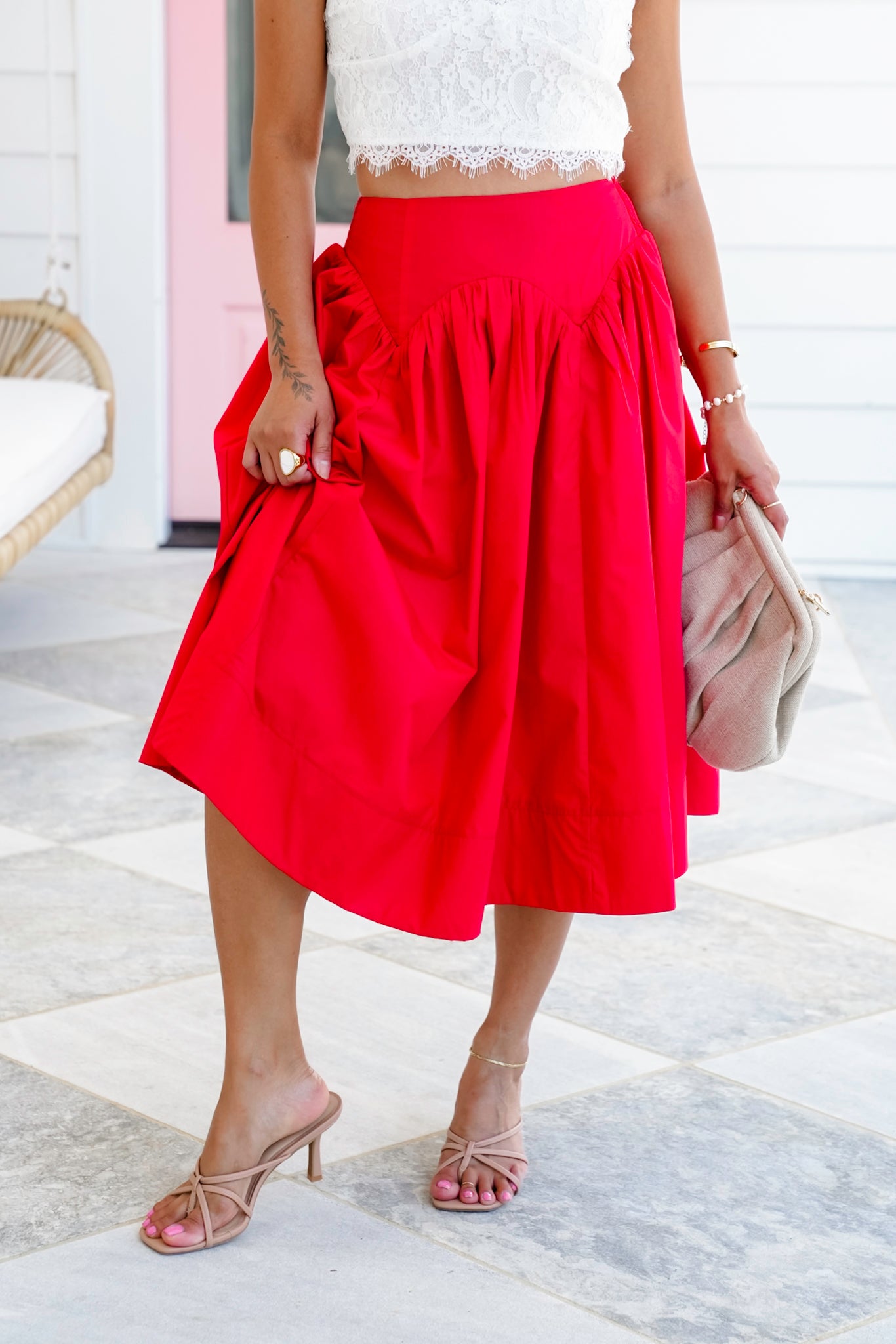 Red Smocked Midi Skirt with Side Pockets