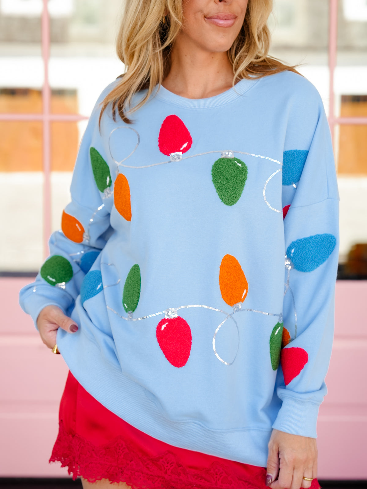 Embroidered and Sequin Christmas Lights Long Sleeve Sweatshirt