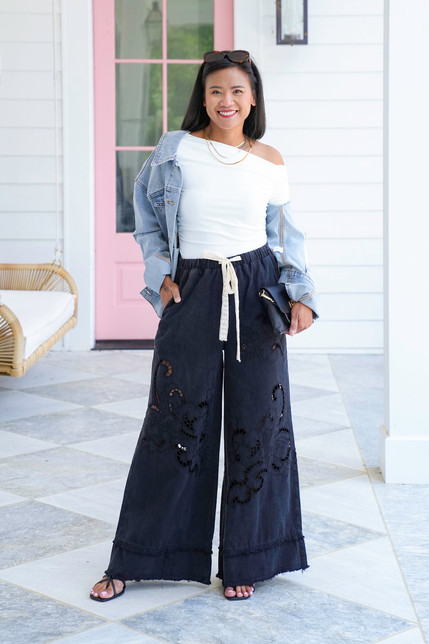 POL Elastic Waist Wide Leg Pants with Laser Cut Detail