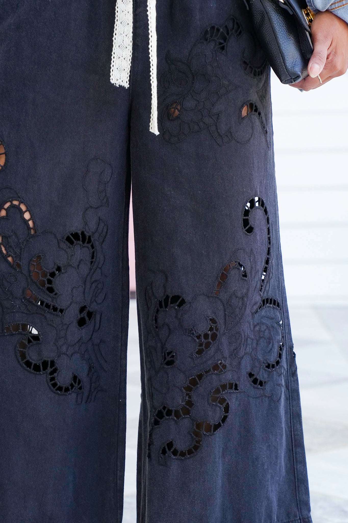 POL Elastic Waist Wide Leg Pants with Laser Cut Detail