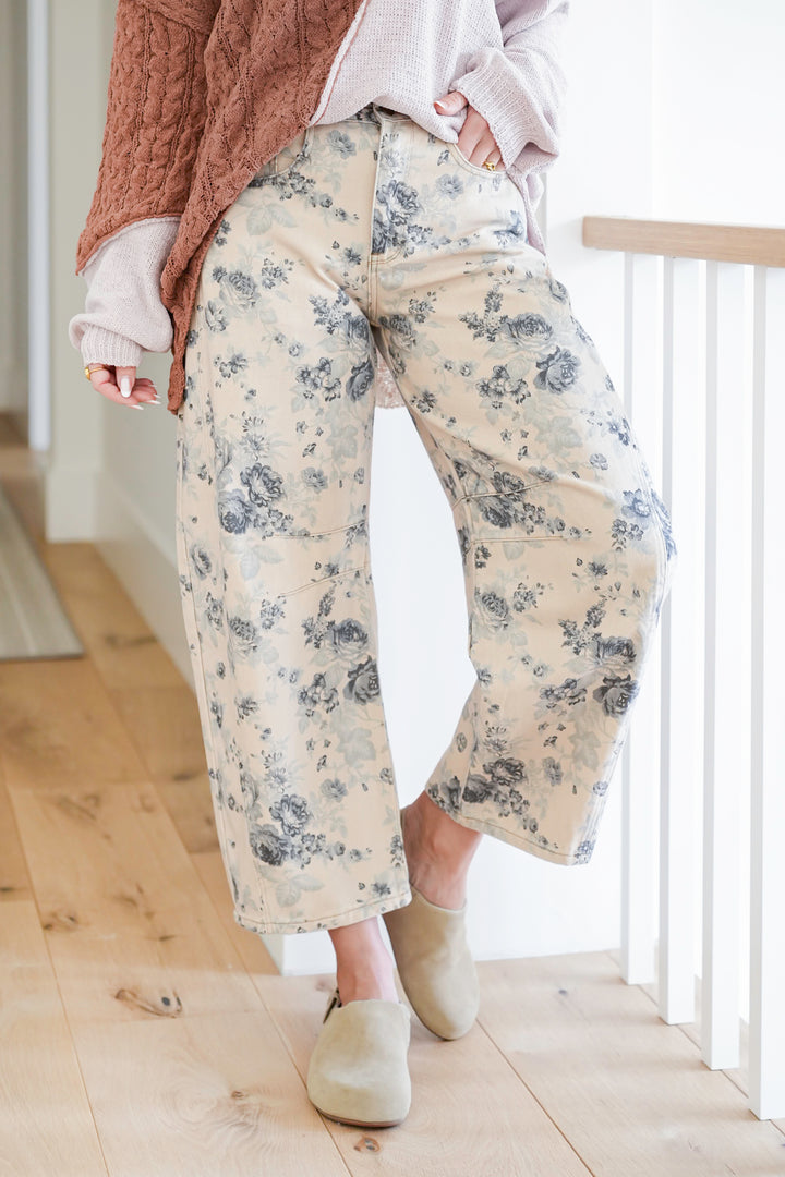 Floral Print Barrel Jeans with Back Buckle Detail