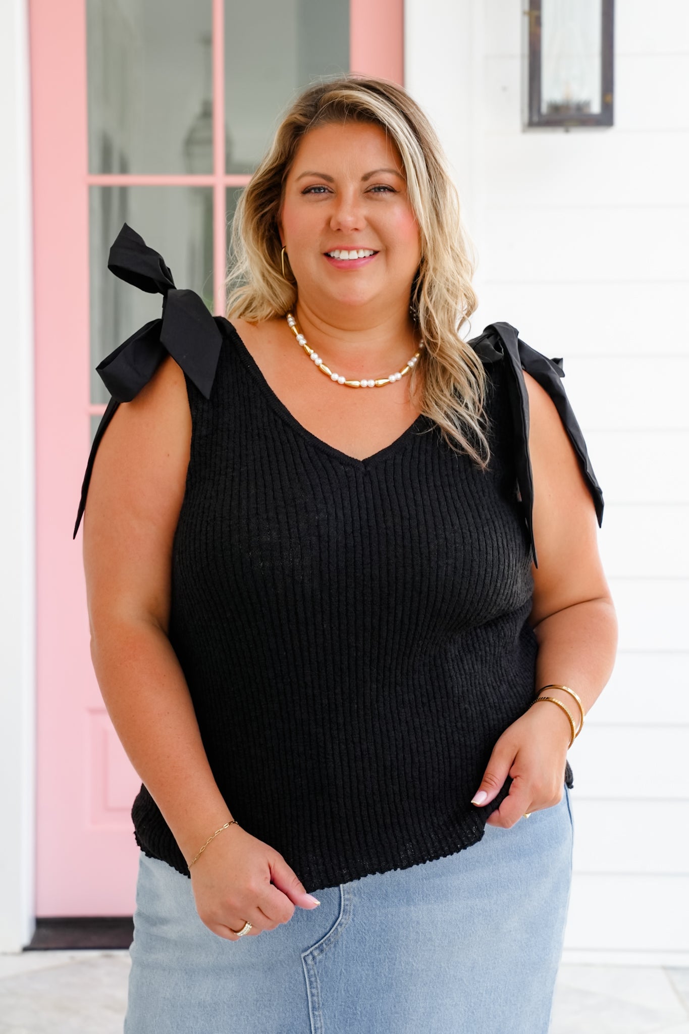Plus/Reg Sleeveless V Neck Tie At The Shoulders Knit Top