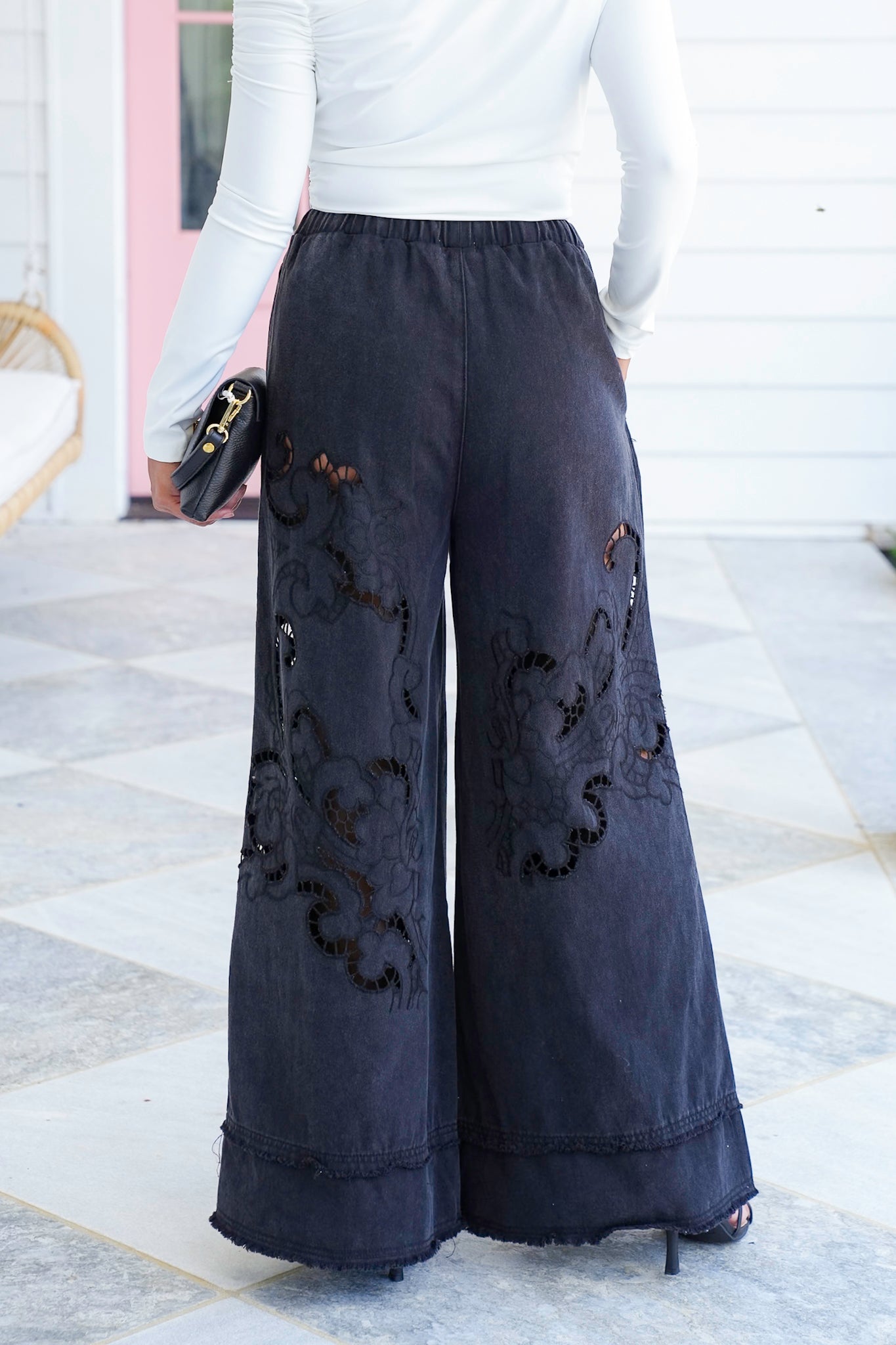 POL Elastic Waist Wide Leg Pants with Laser Cut Detail