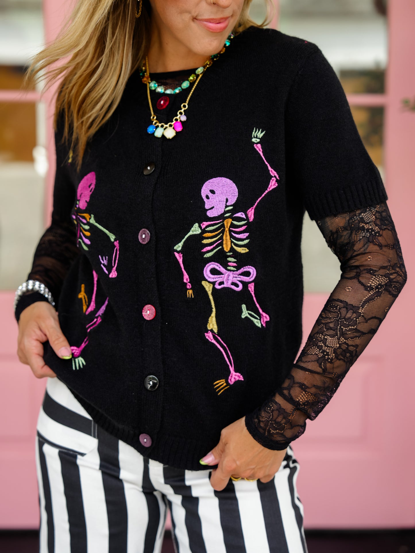 Dancing Skeletons Short Sleeve Button Down Cardigan