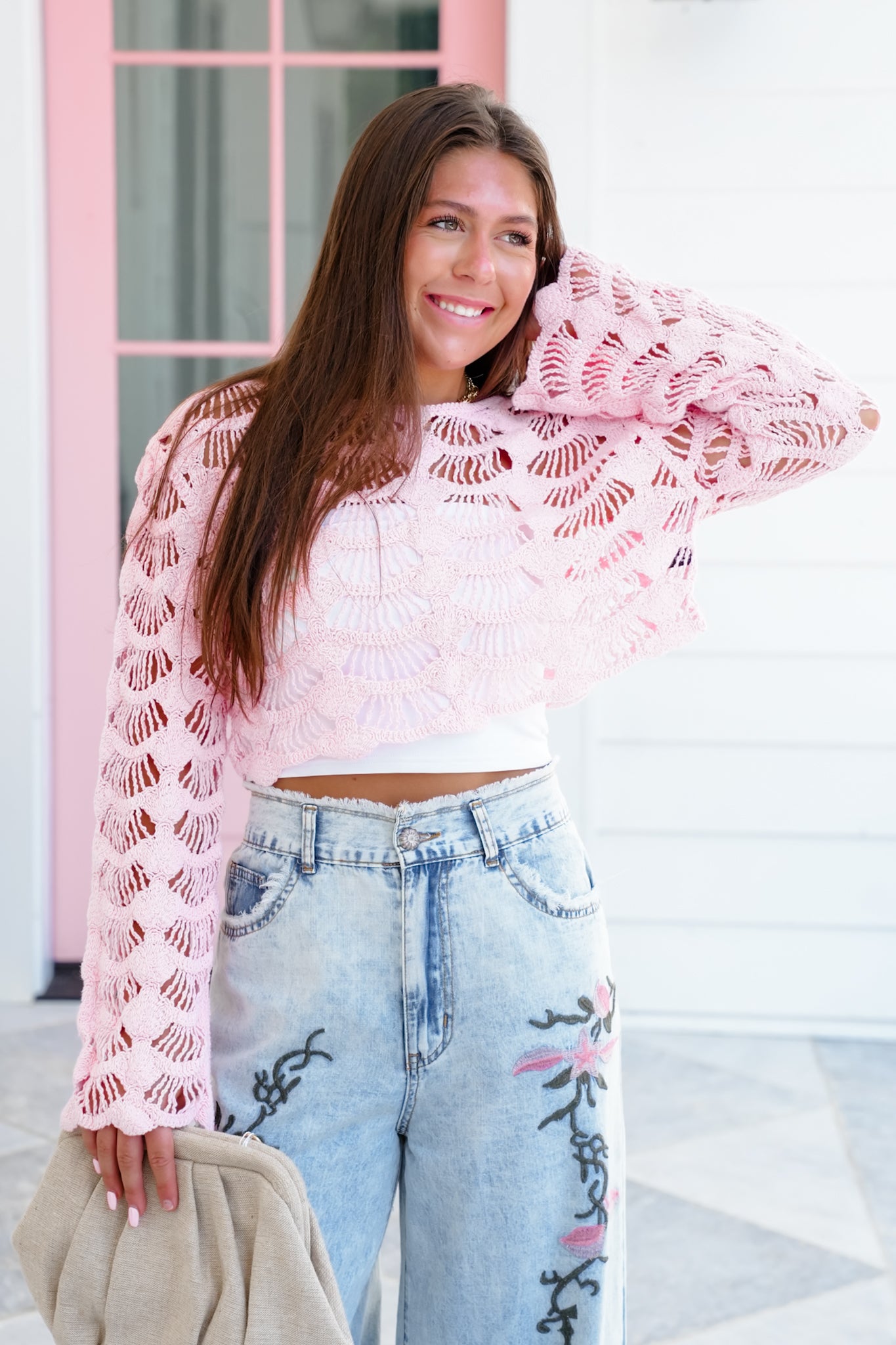 POL Crochet Long Sleeve Crop Top